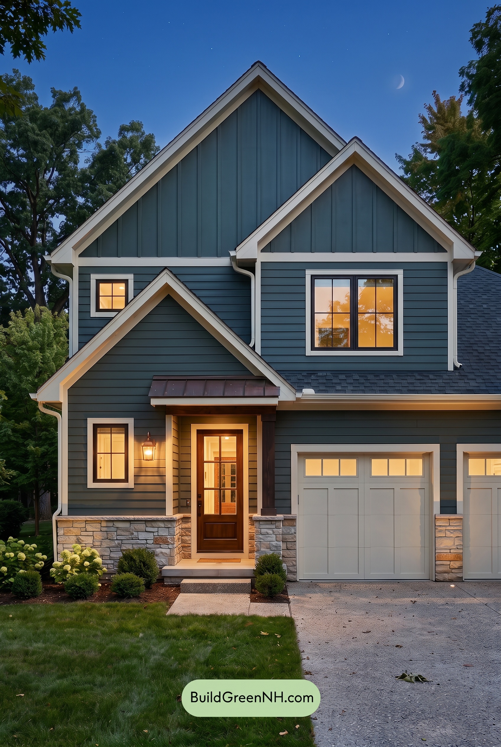 Exterior Color Scheme with Stone Accents: Evergreen Copper Welcome - Nighttime