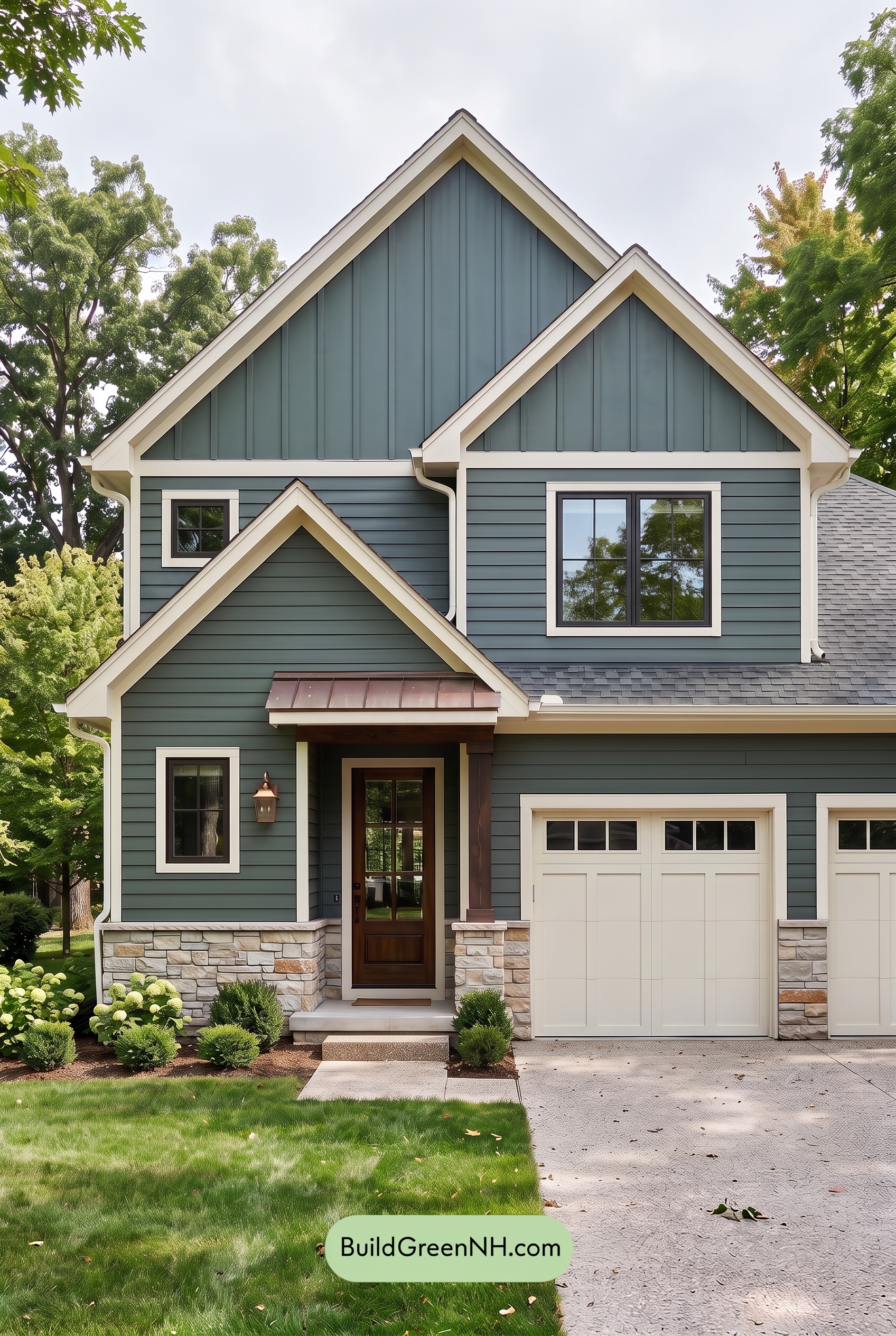 Exterior Color Scheme with Stone Accents: Evergreen Copper Welcome - Overcast