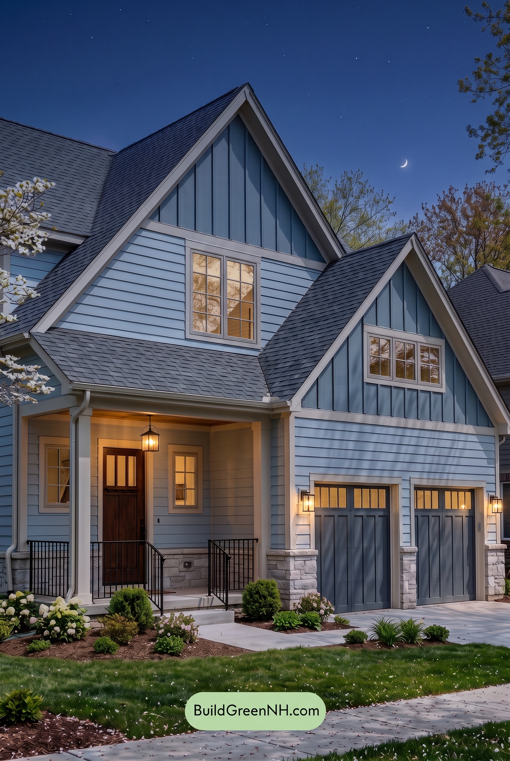 Exterior Color Scheme with Stone Accents: Harborstone Morning - Nighttime