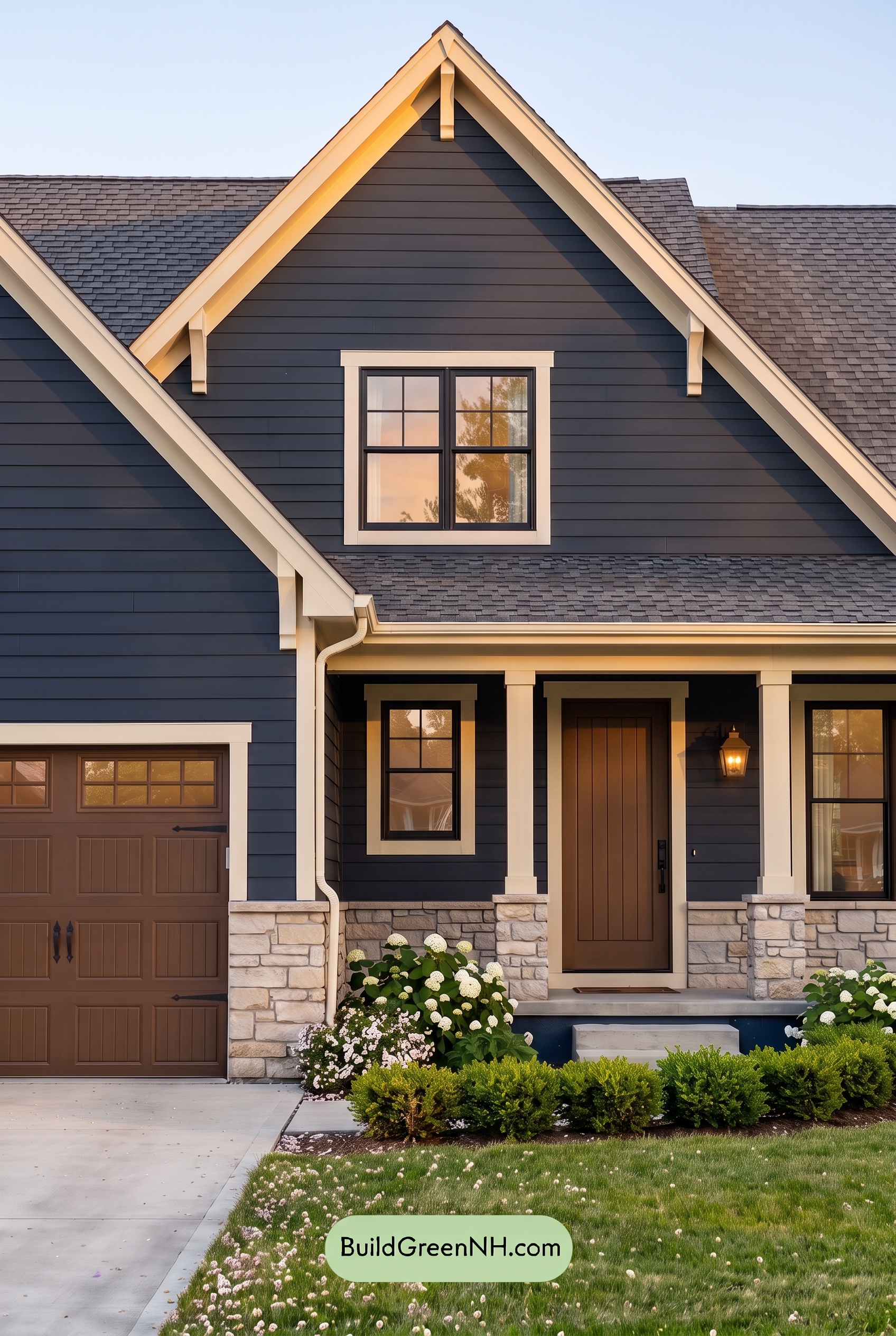 Exterior Color Scheme with Stone Accents: Indigo Lantern Welcome - Golden Hour