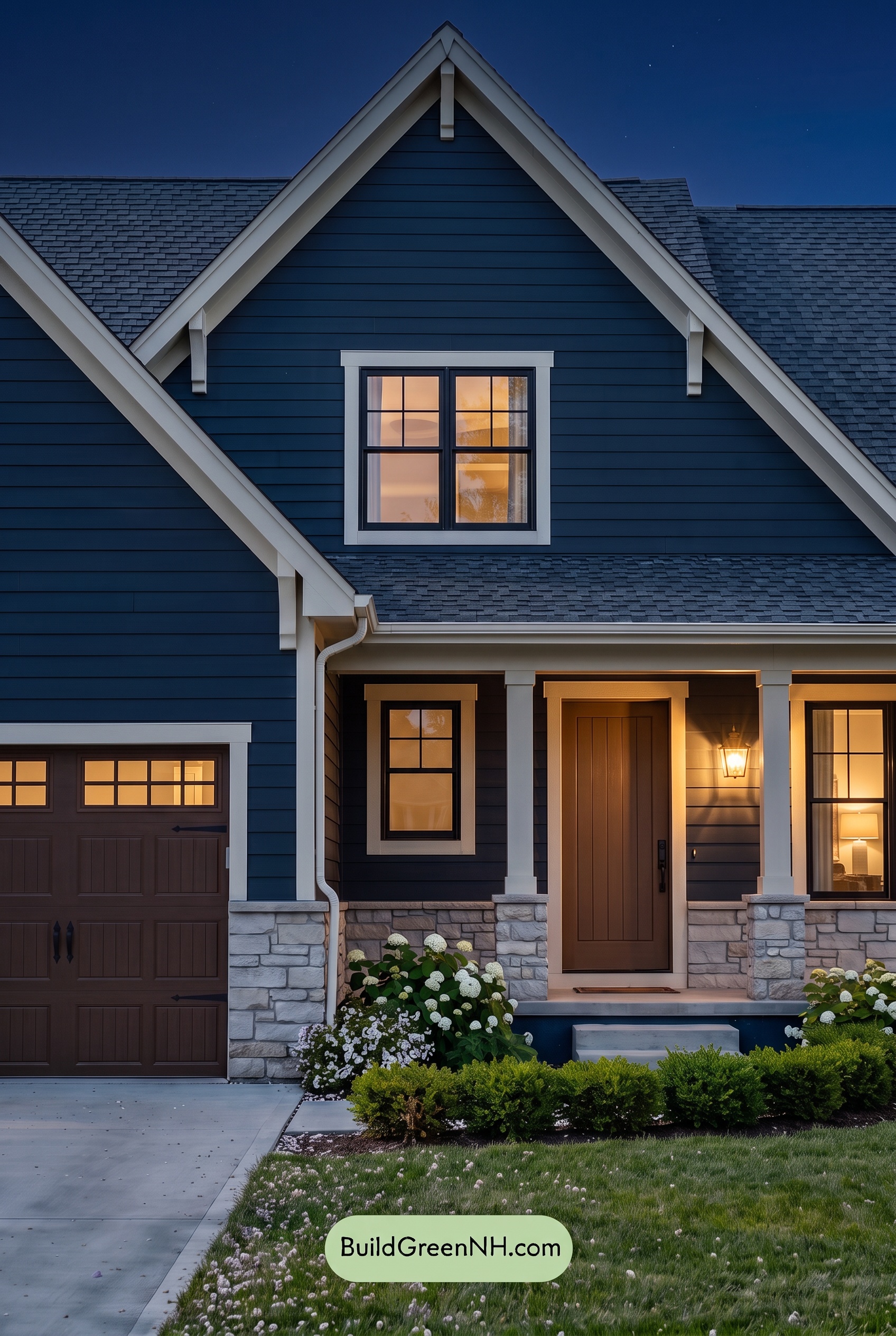 Exterior Color Scheme with Stone Accents: Indigo Lantern Welcome - Nighttime