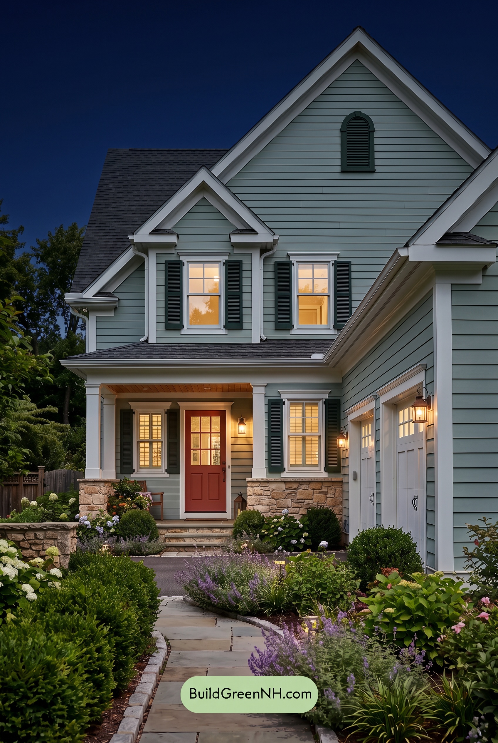 Exterior Color Scheme with Stone Accents: Juniper Porchlight - Nighttime