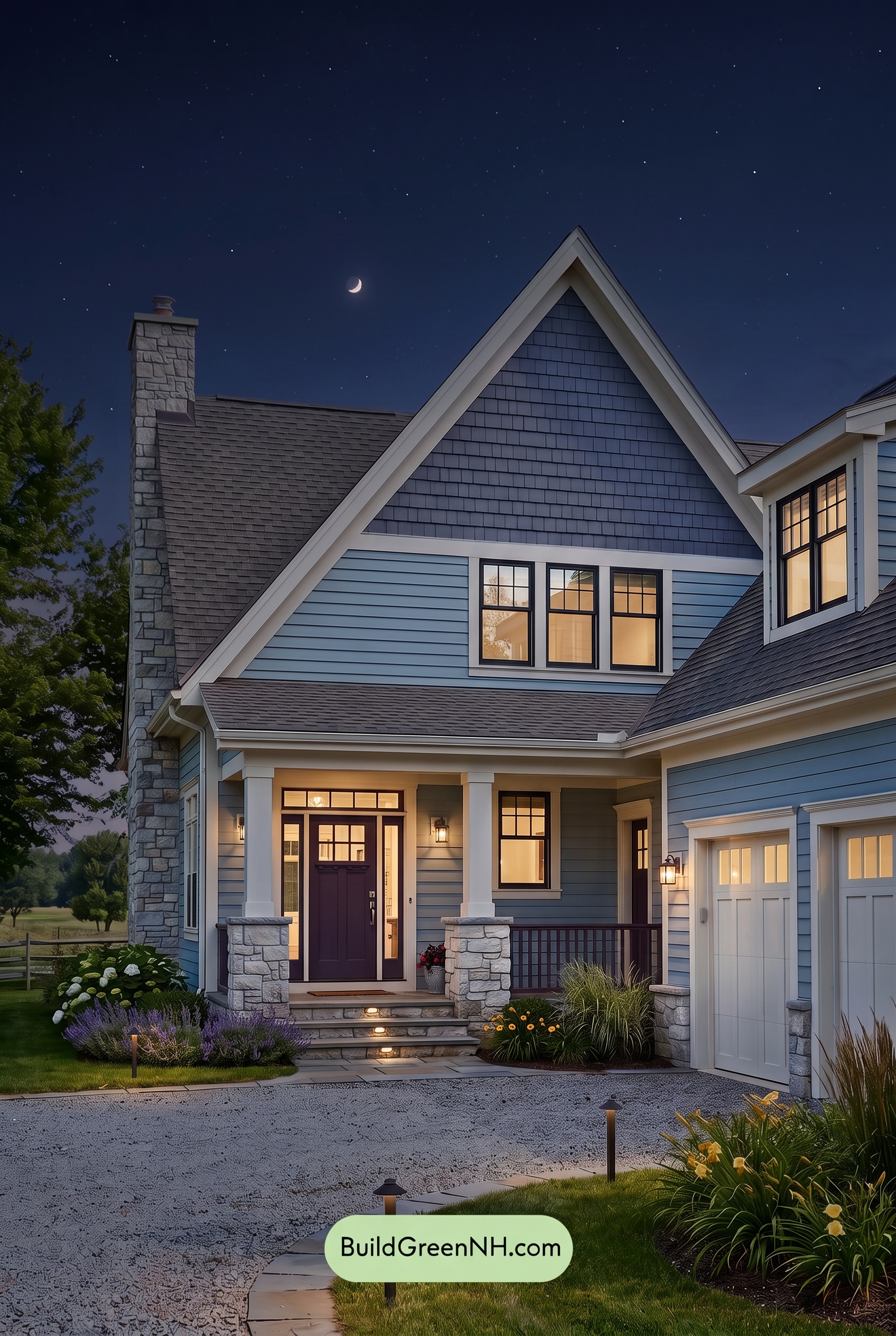 Exterior Color Scheme with Stone Accents: Meadow Bell Welcome - Nighttime