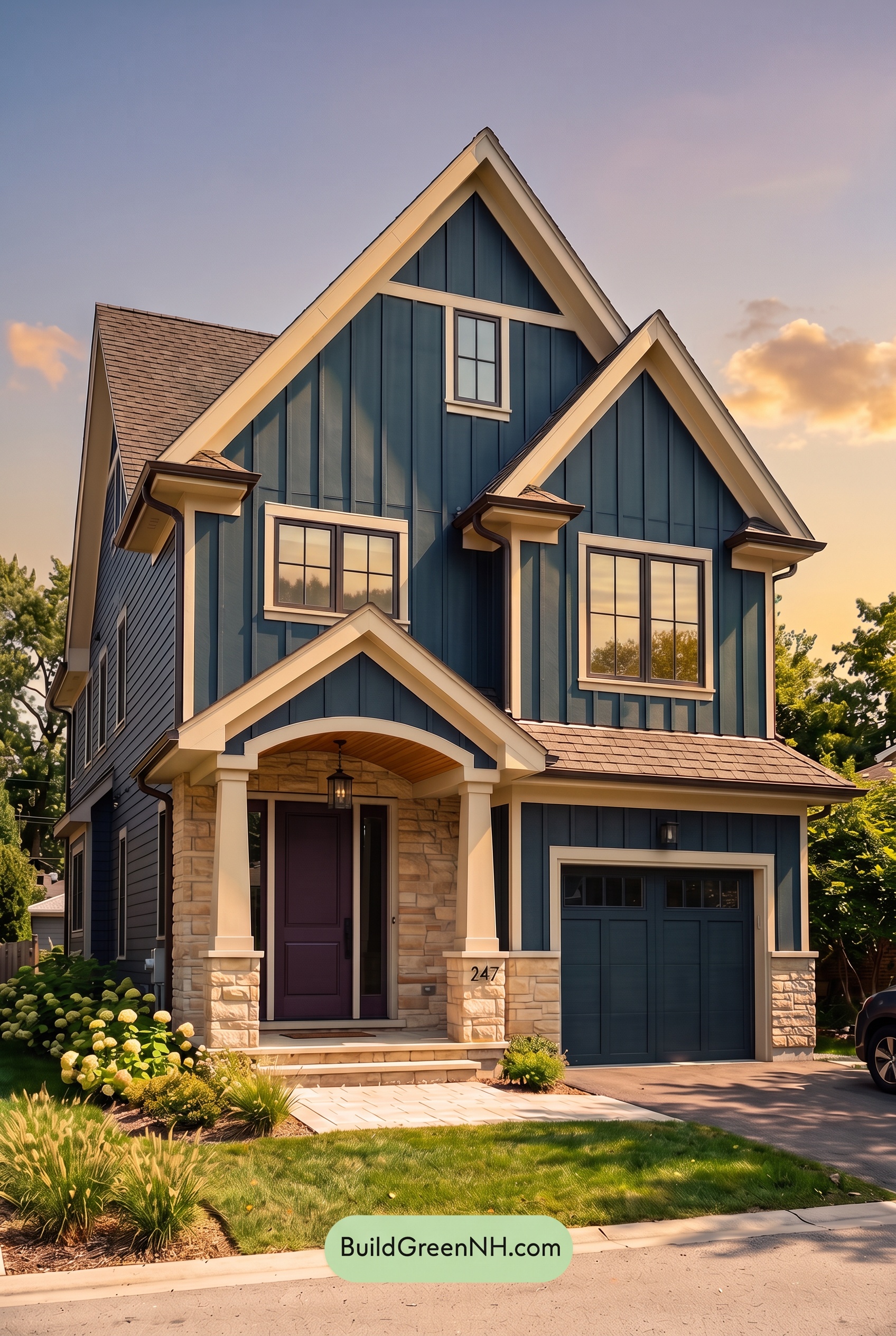 Exterior Color Scheme with Stone Accents: Midnight Sandstone Poise - Golden Hour