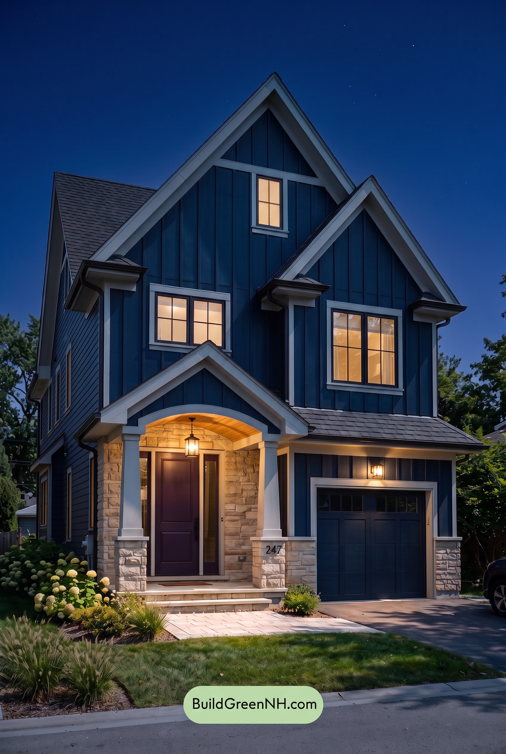 Exterior Color Scheme with Stone Accents: Midnight Sandstone Poise - Nighttime