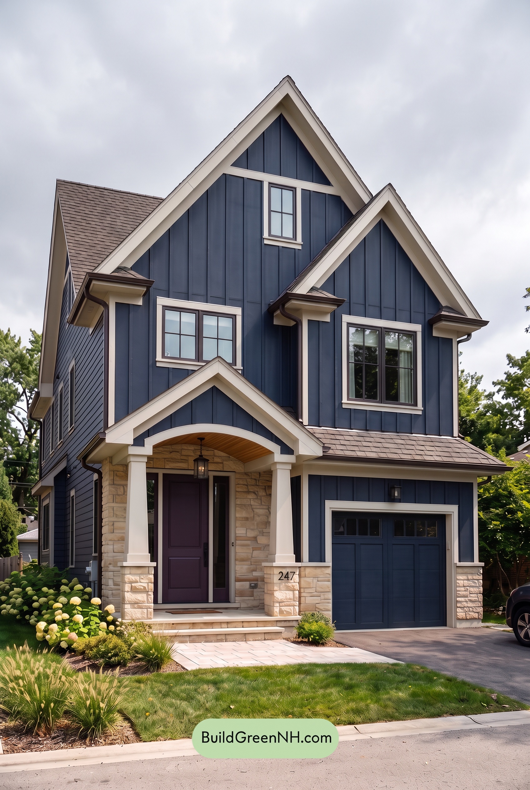 Exterior Color Scheme with Stone Accents: Midnight Sandstone Poise - Overcast