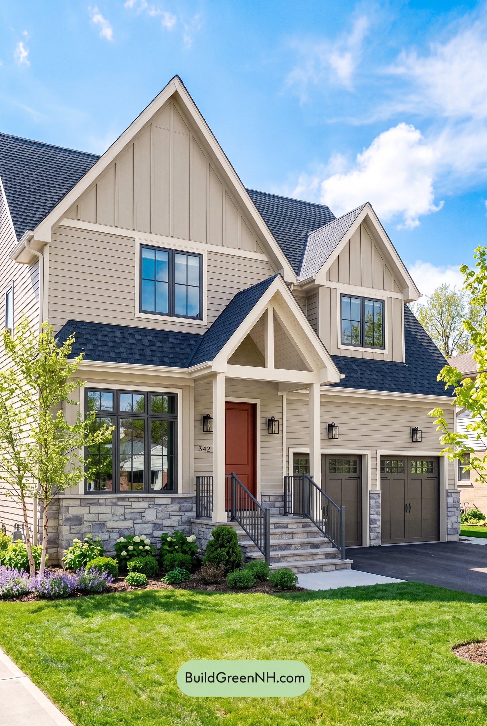 Exterior Color Scheme with Stone Accents: Mistwood Ember Entry
