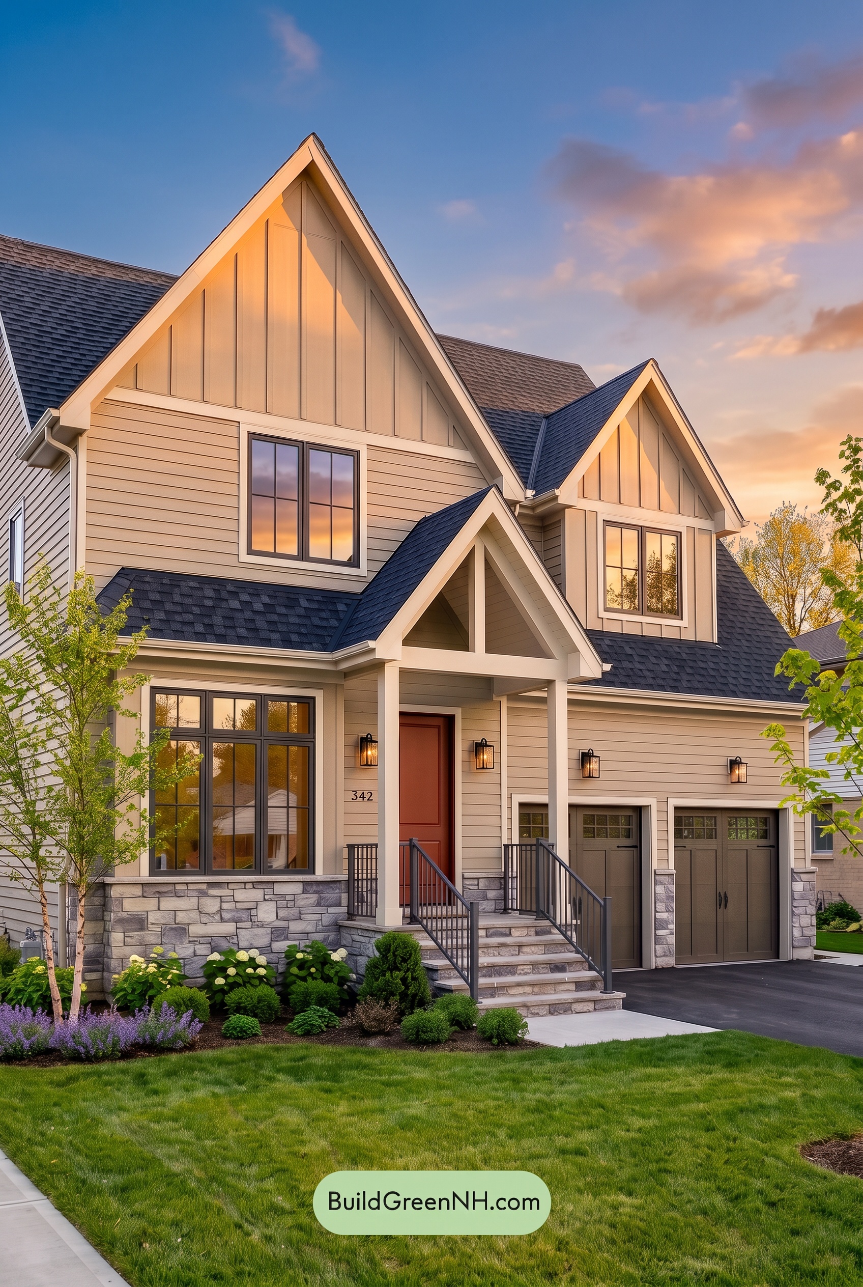 Exterior Color Scheme with Stone Accents: Mistwood Ember Entry - Golden Hour