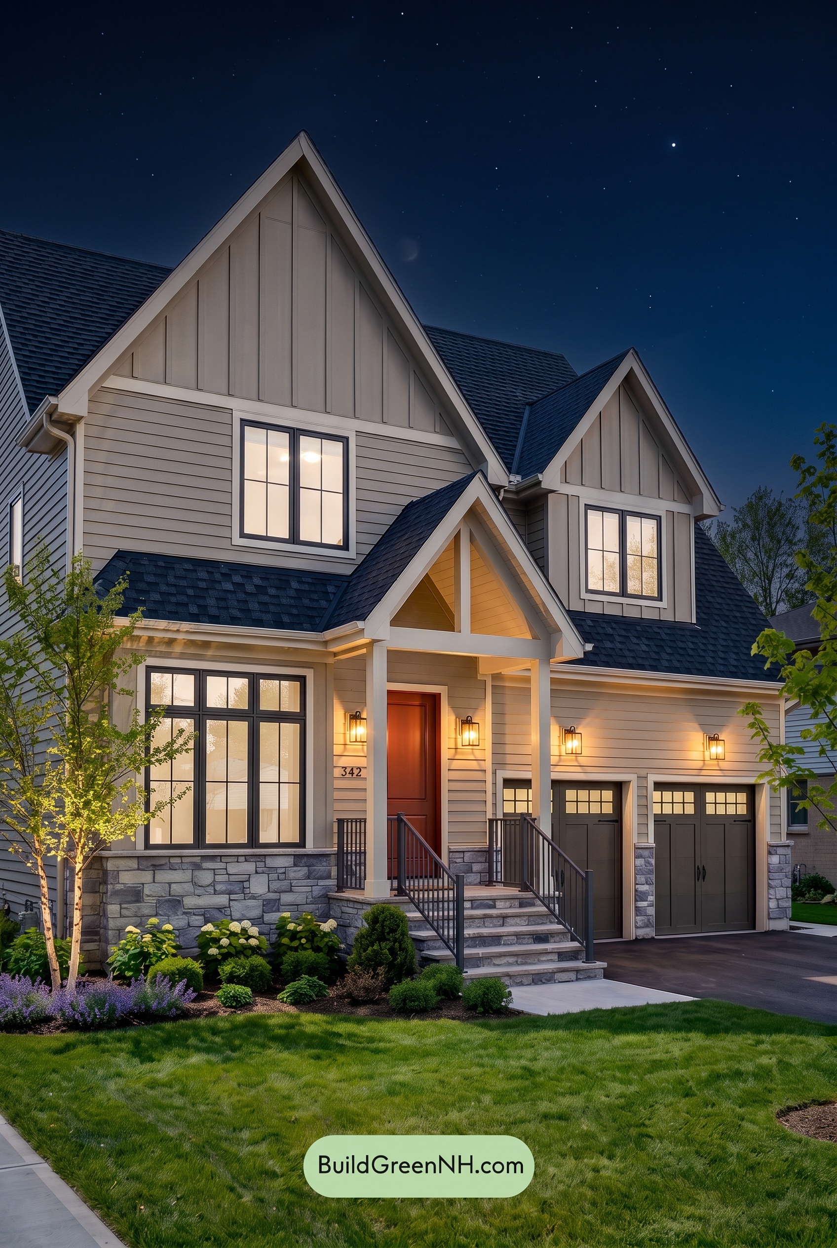 Exterior Color Scheme with Stone Accents: Mistwood Ember Entry - Nighttime