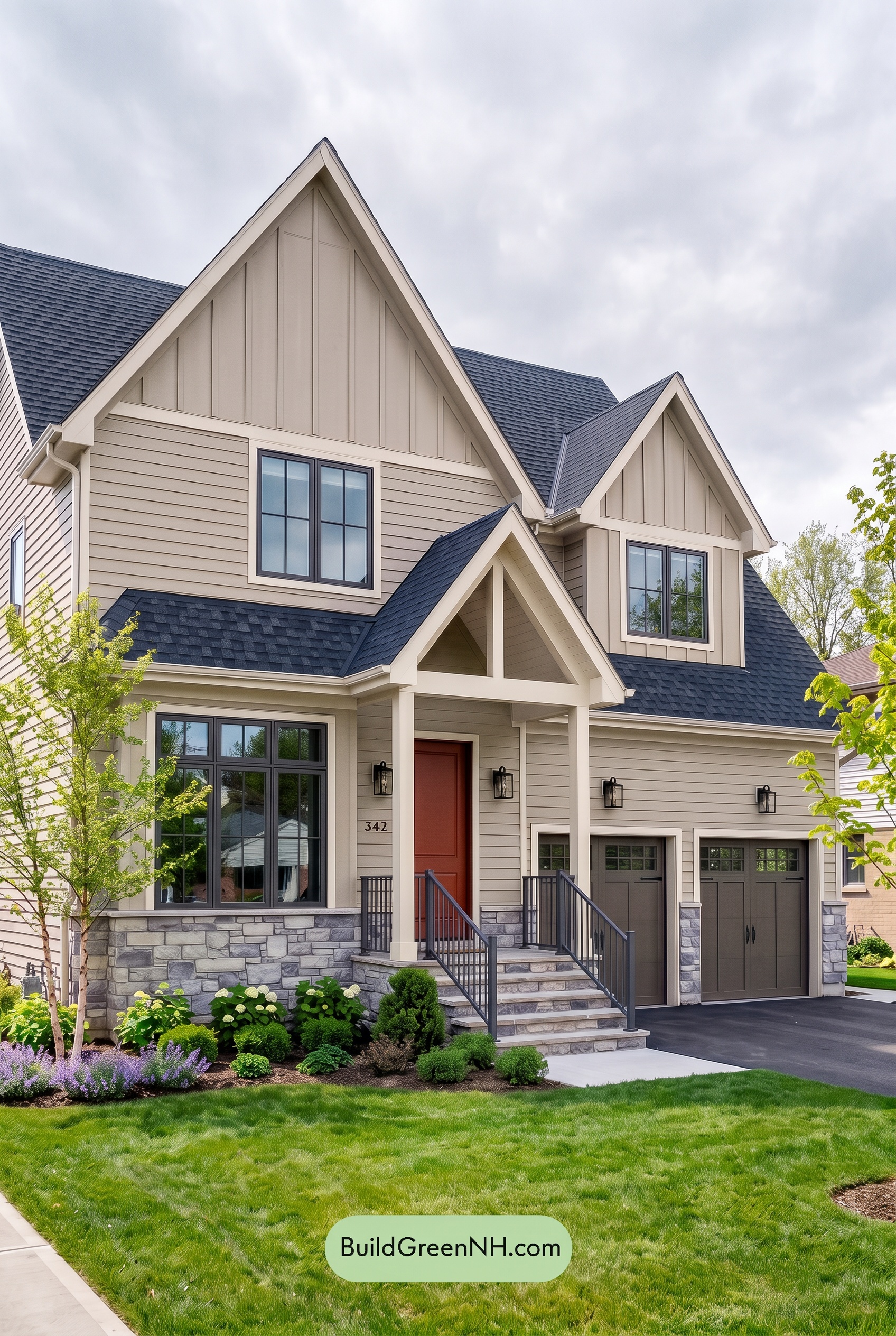 Exterior Color Scheme with Stone Accents: Mistwood Ember Entry - Overcast