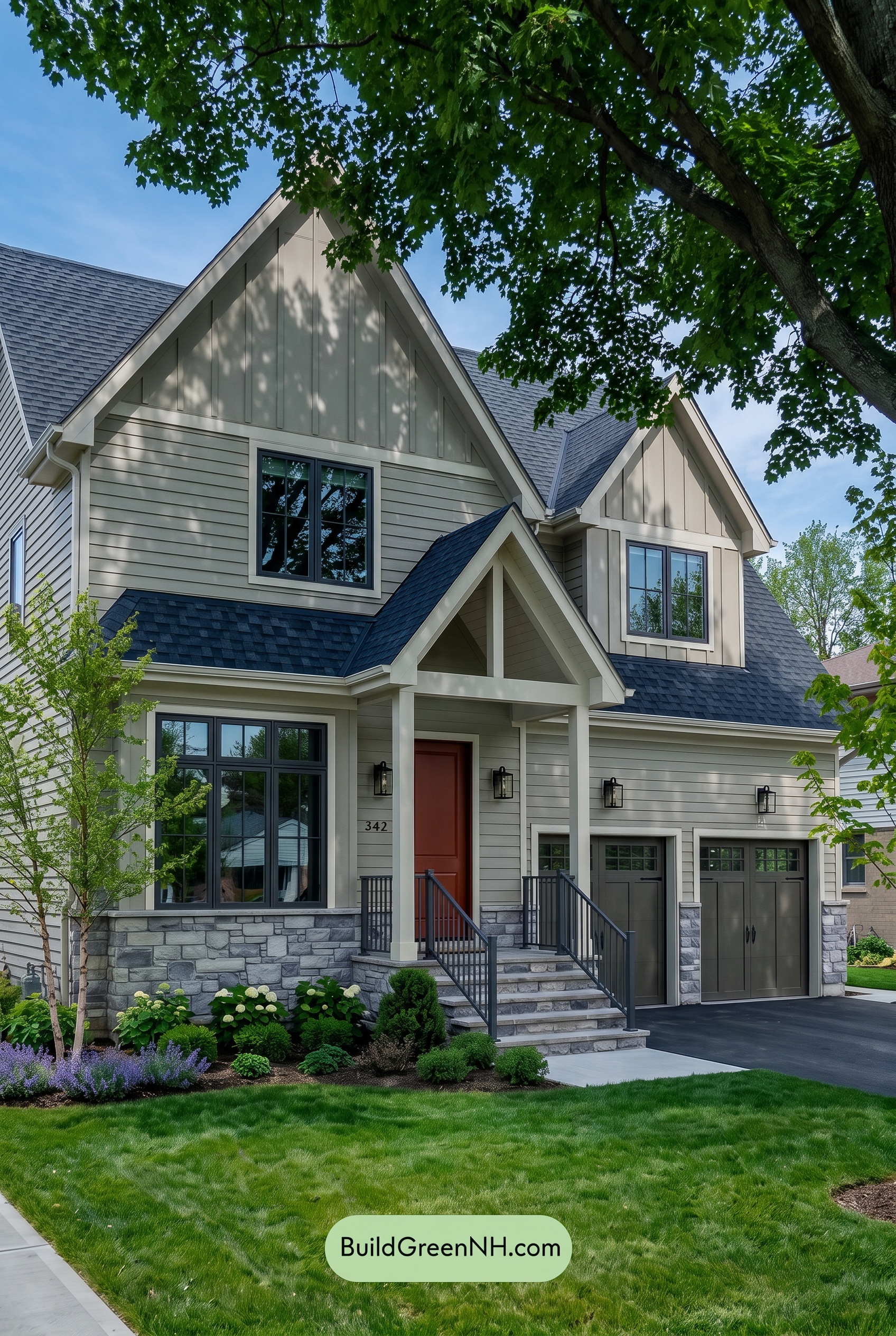 Exterior Color Scheme with Stone Accents: Mistwood Ember Entry - Shade