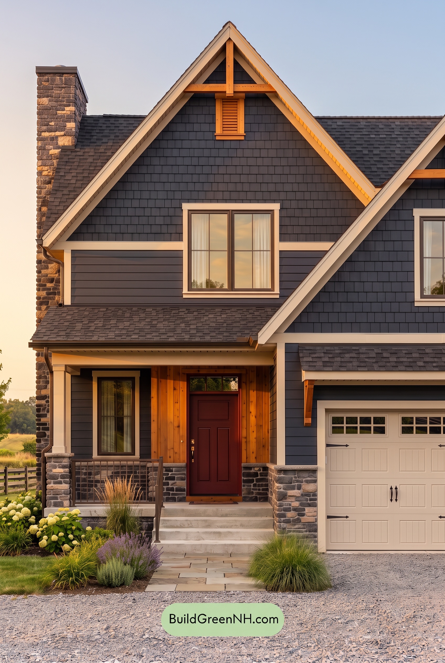 Exterior Color Scheme with Stone Accents: Navy Amber Hearth - Golden Hour