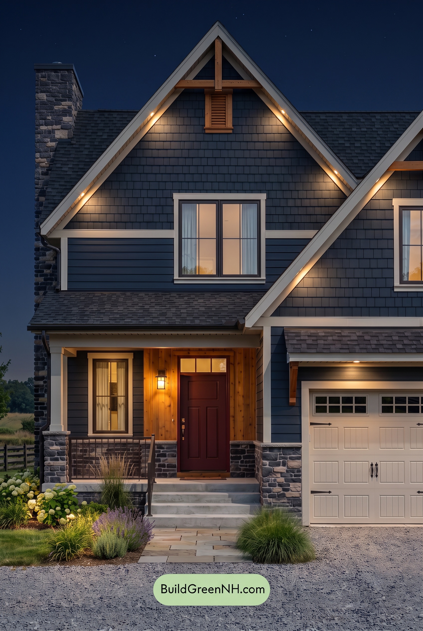 Exterior Color Scheme with Stone Accents: Navy Amber Hearth - Nighttime
