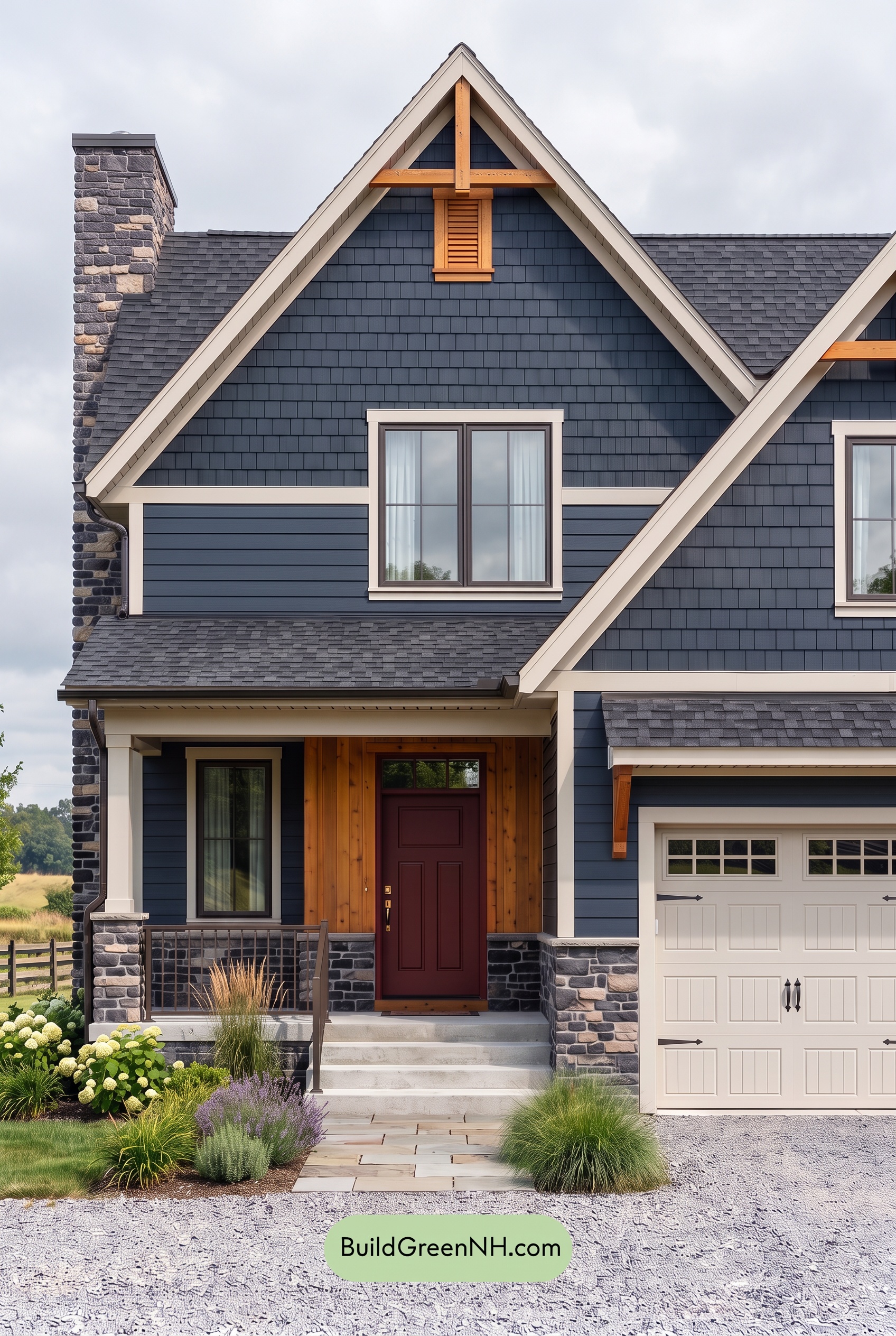 Exterior Color Scheme with Stone Accents: Navy Amber Hearth - Overcast