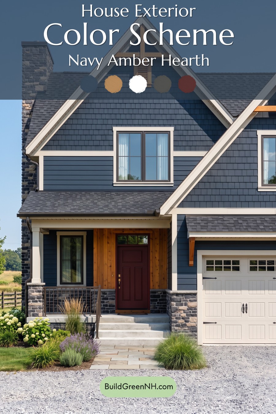 Exterior Color Scheme with Stone Accents: Navy Amber Hearth