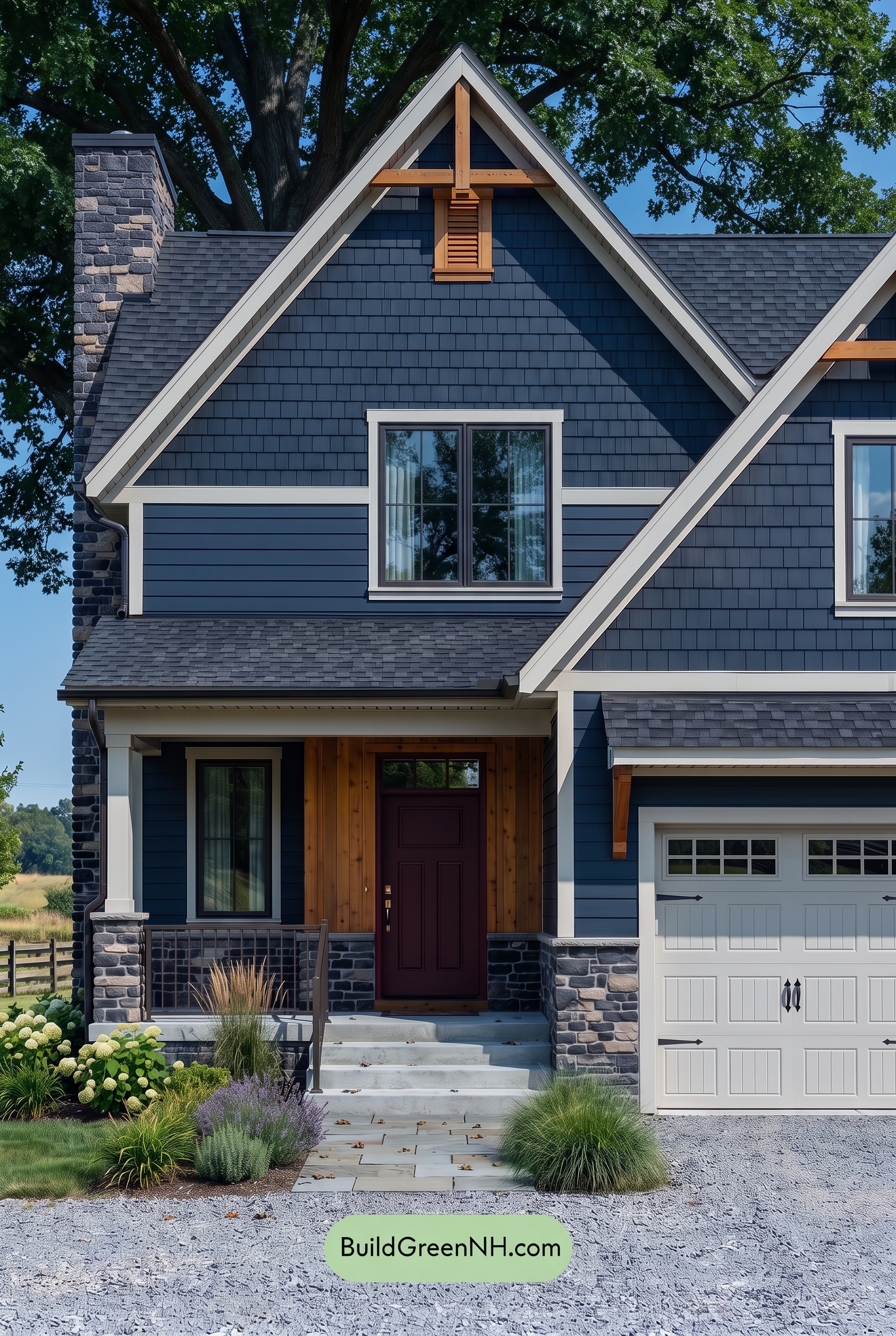 Exterior Color Scheme with Stone Accents: Navy Amber Hearth - Shade