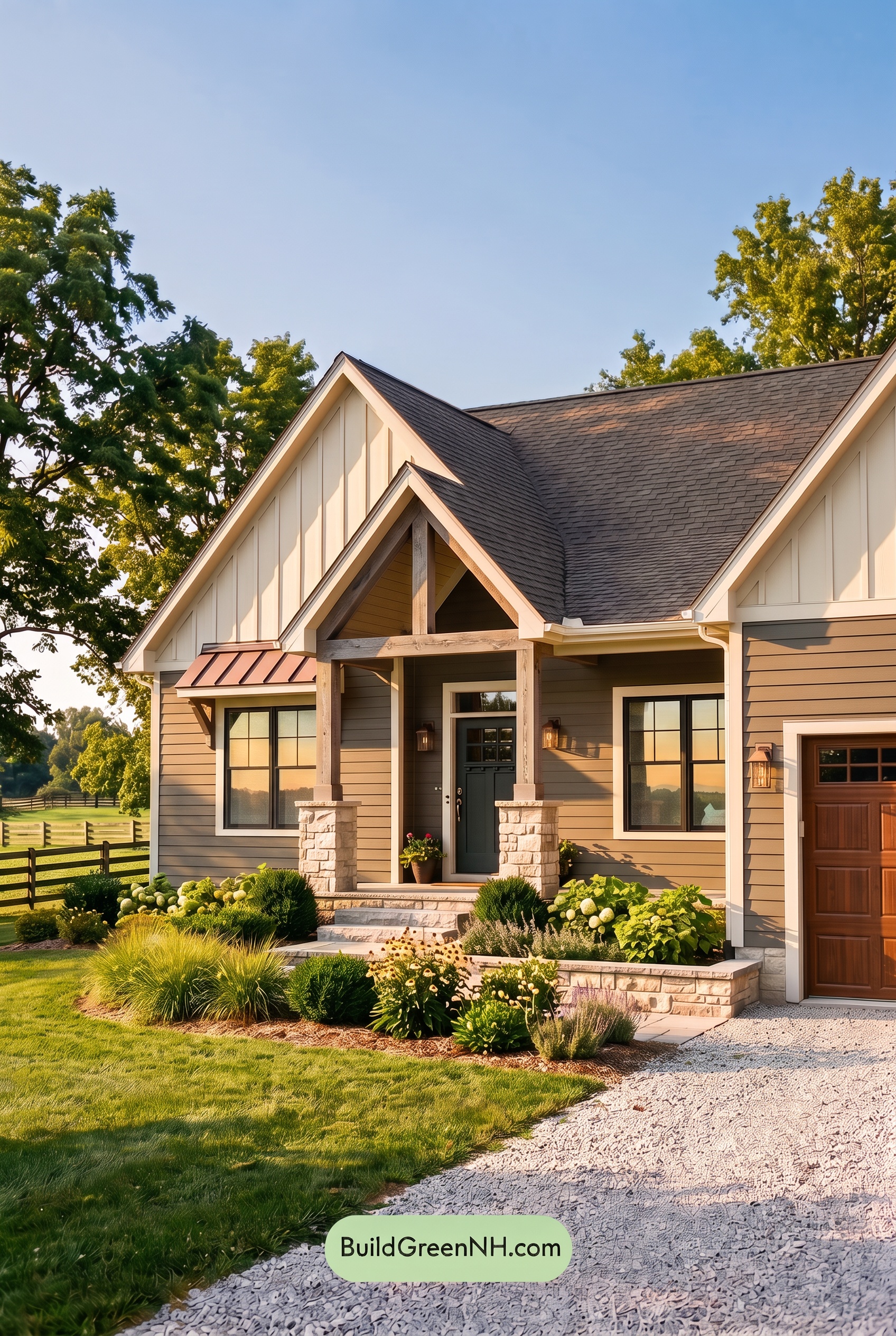 Exterior Color Scheme with Stone Accents: Olive Hearth Calm - Golden Hour