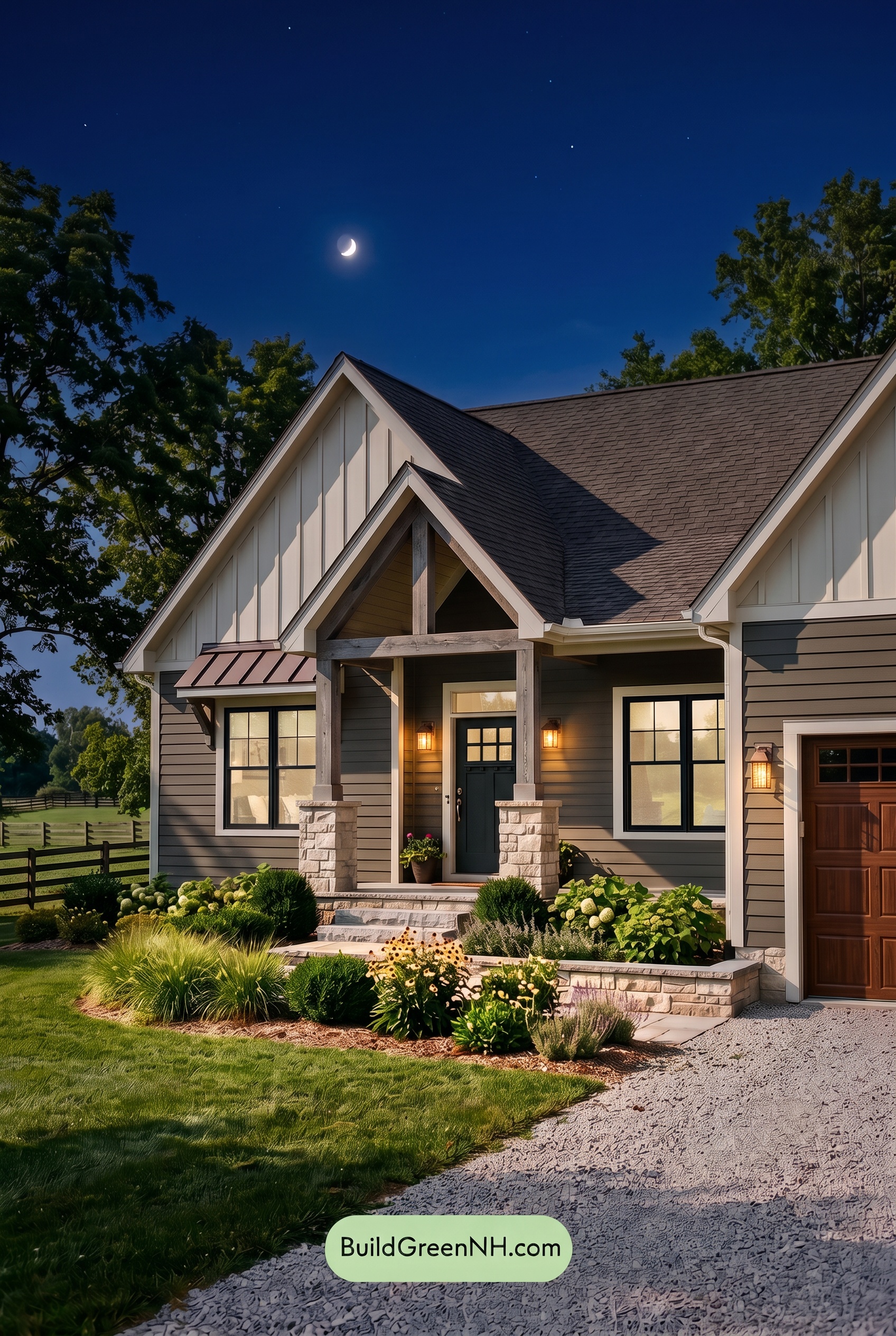 Exterior Color Scheme with Stone Accents: Olive Hearth Calm - Nighttime