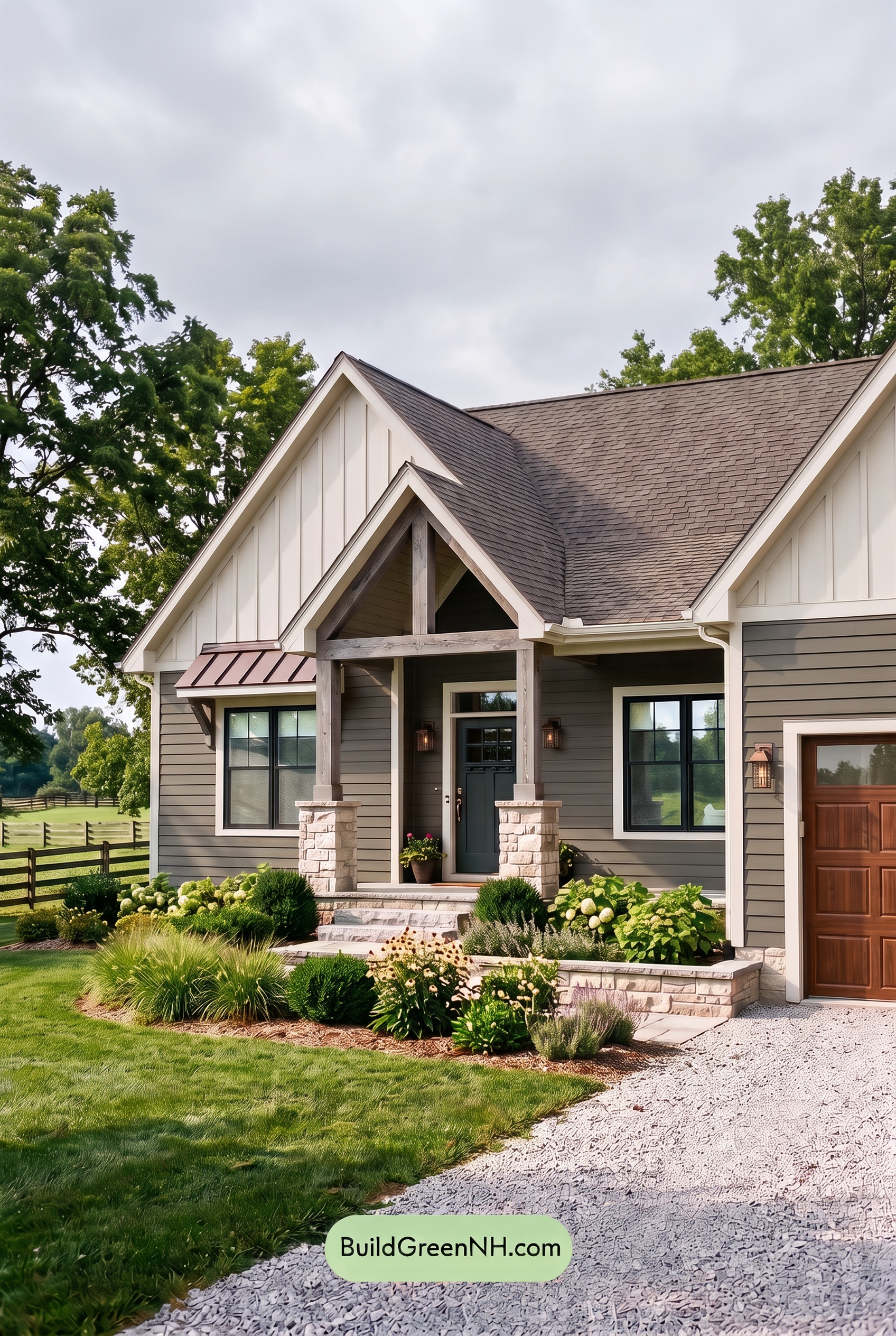 Exterior Color Scheme with Stone Accents: Olive Hearth Calm - Overcast