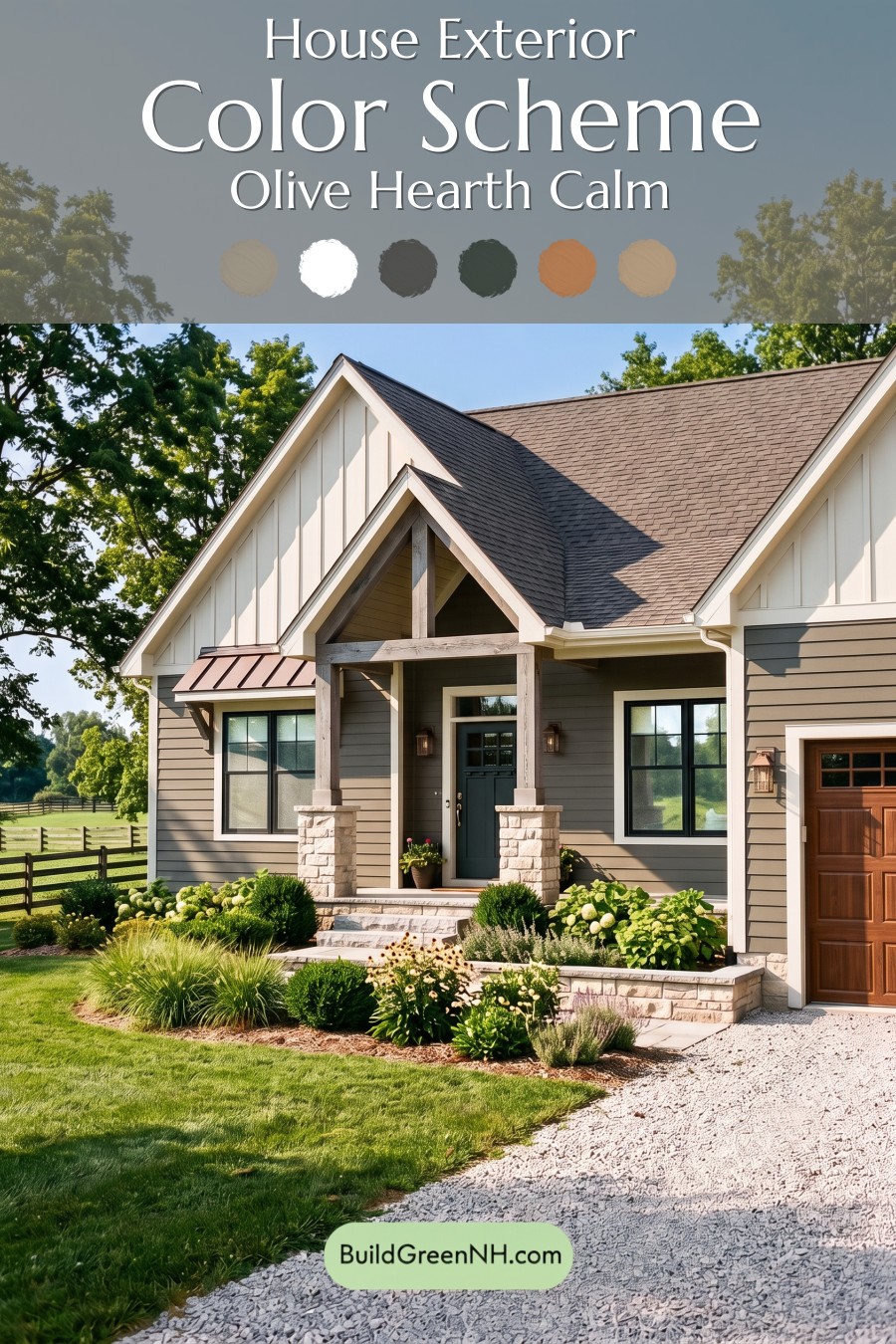 Exterior Color Scheme with Stone Accents: Olive Hearth Calm