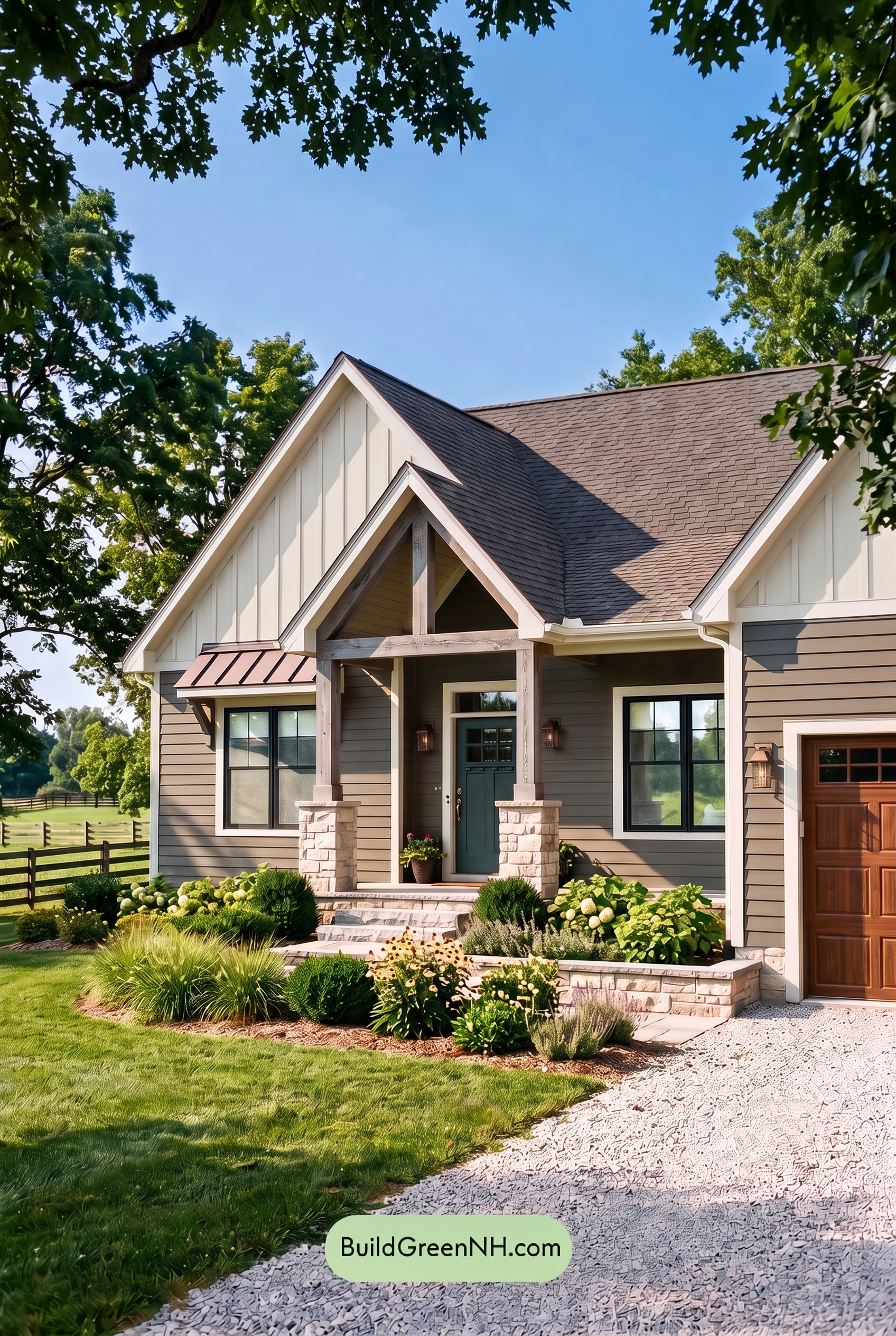 Exterior Color Scheme with Stone Accents: Olive Hearth Calm - Shade