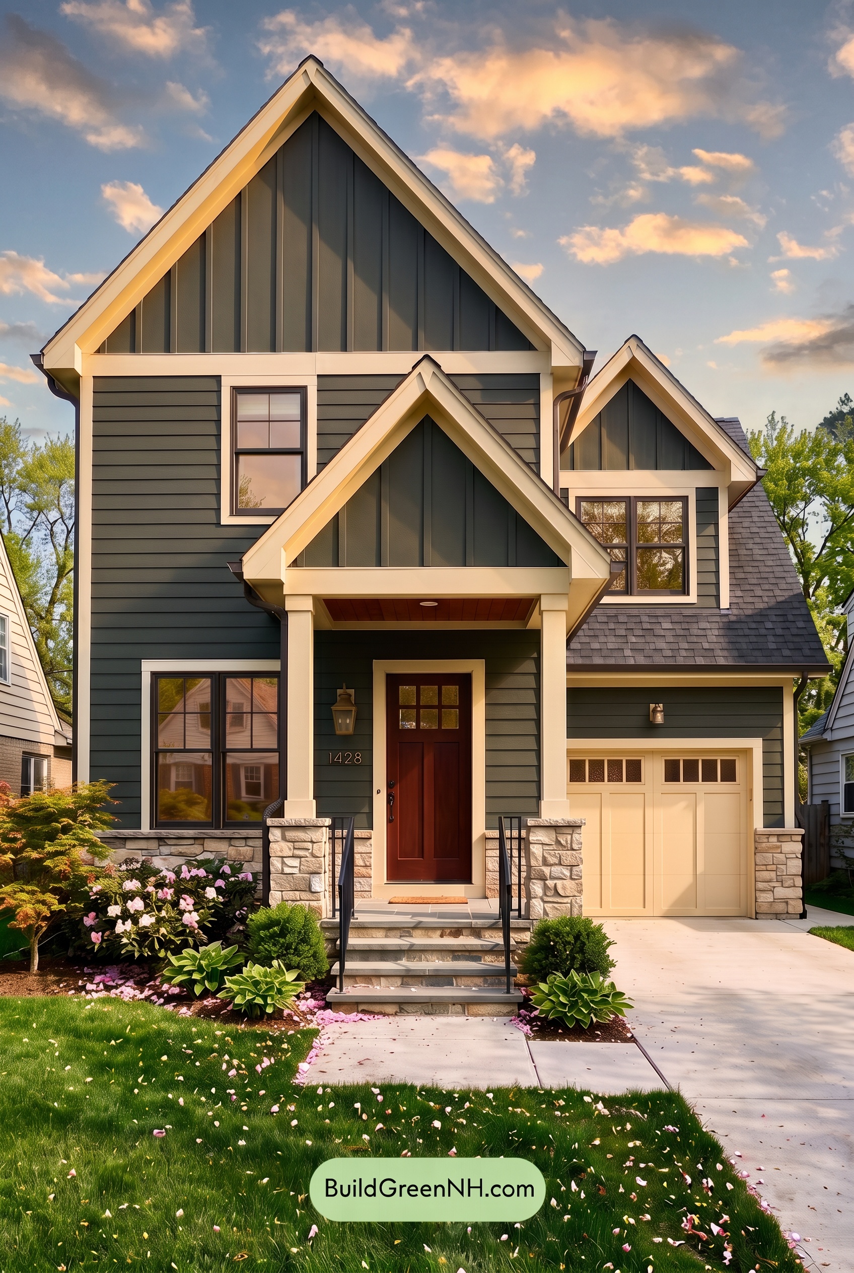 Exterior Color Scheme with Stone Accents: Pine Brass Threshold - Golden Hour
