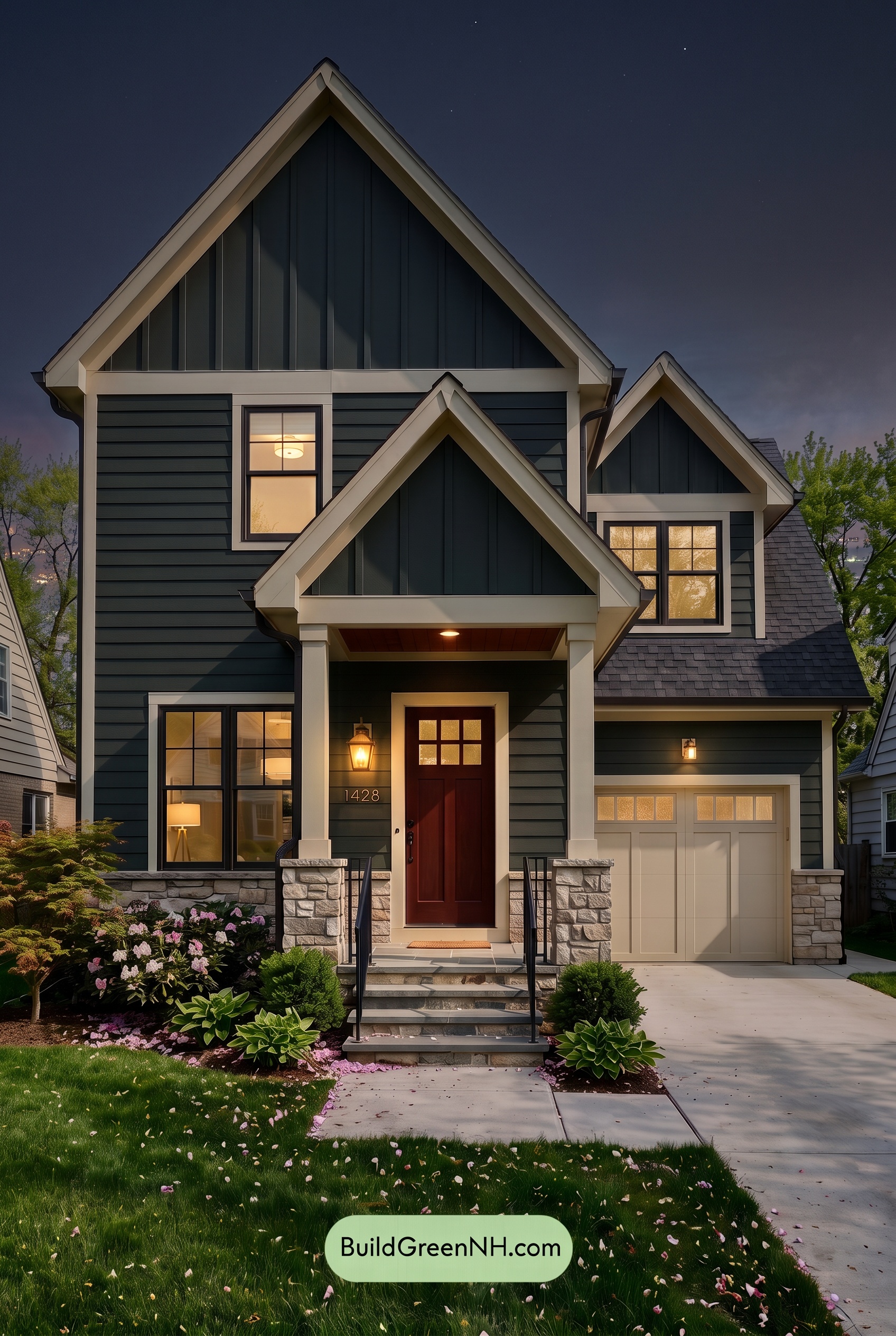 Exterior Color Scheme with Stone Accents: Pine Brass Threshold - Nighttime