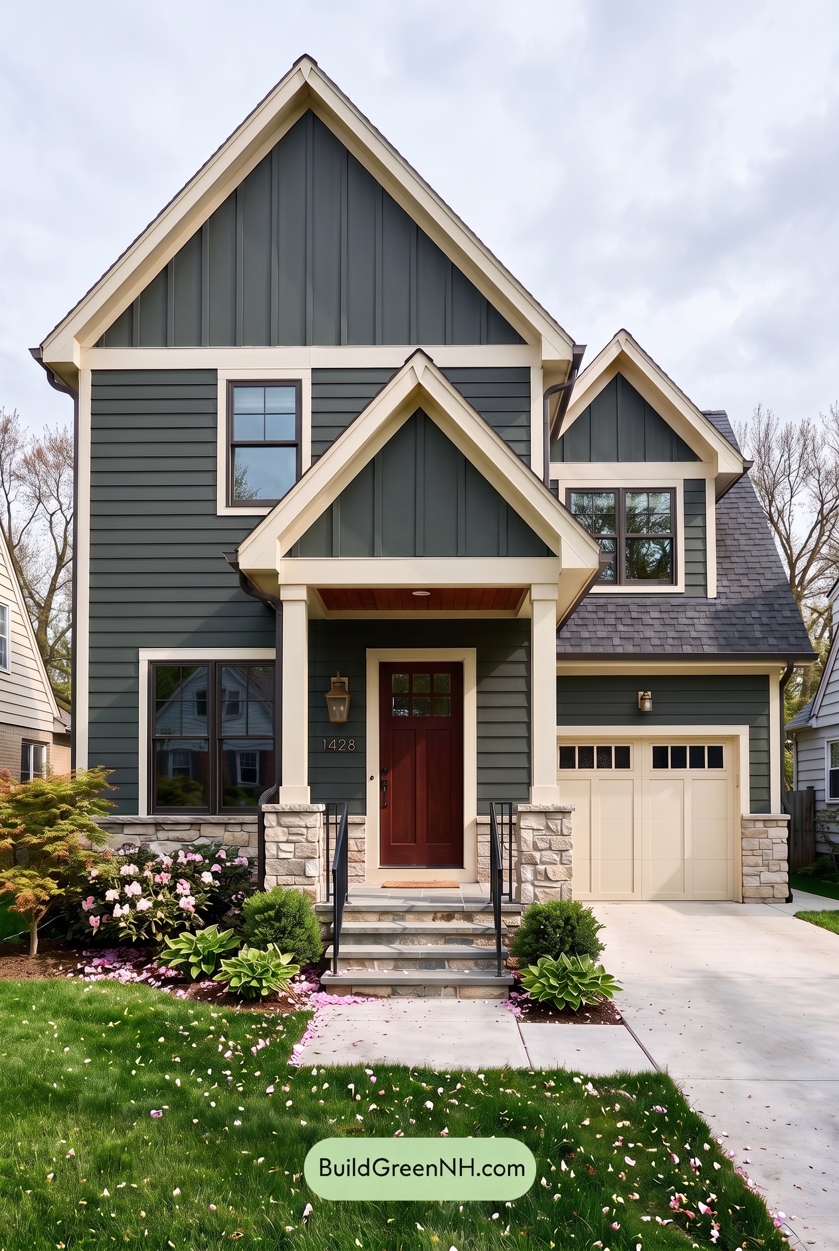 Exterior Color Scheme with Stone Accents: Pine Brass Threshold - Overcast