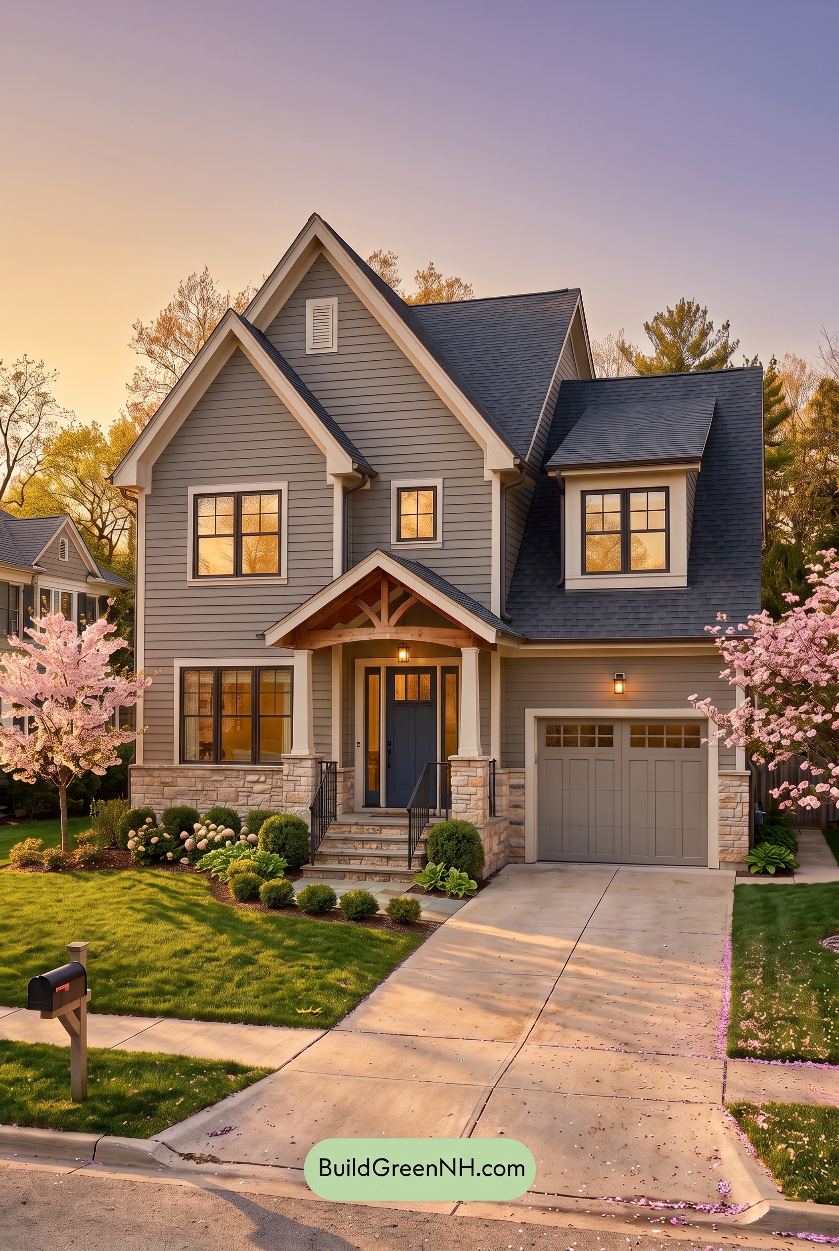 Exterior Color Scheme with Stone Accents: Quiet Greige Welcome - Golden Hour
