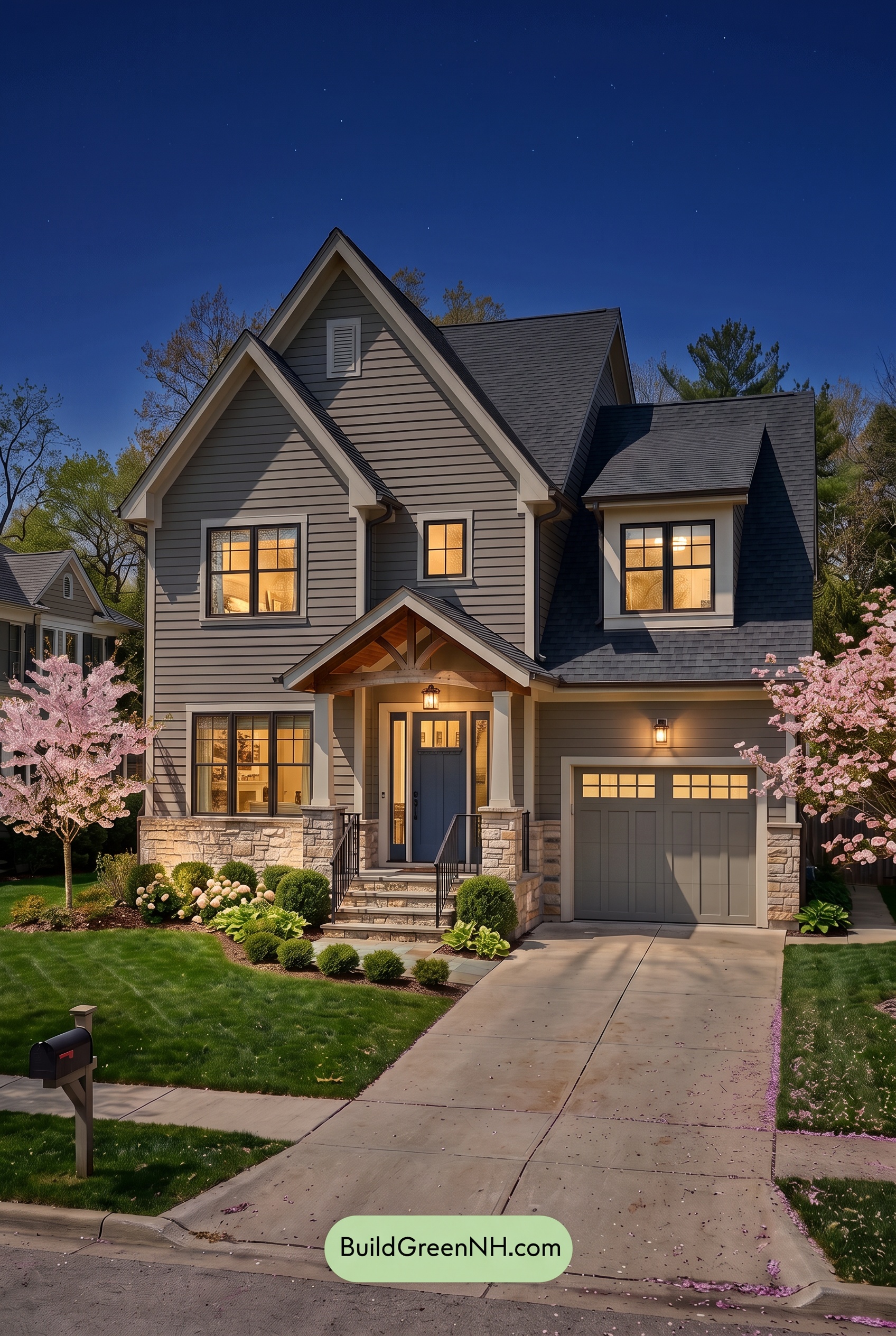Exterior Color Scheme with Stone Accents: Quiet Greige Welcome - Nighttime