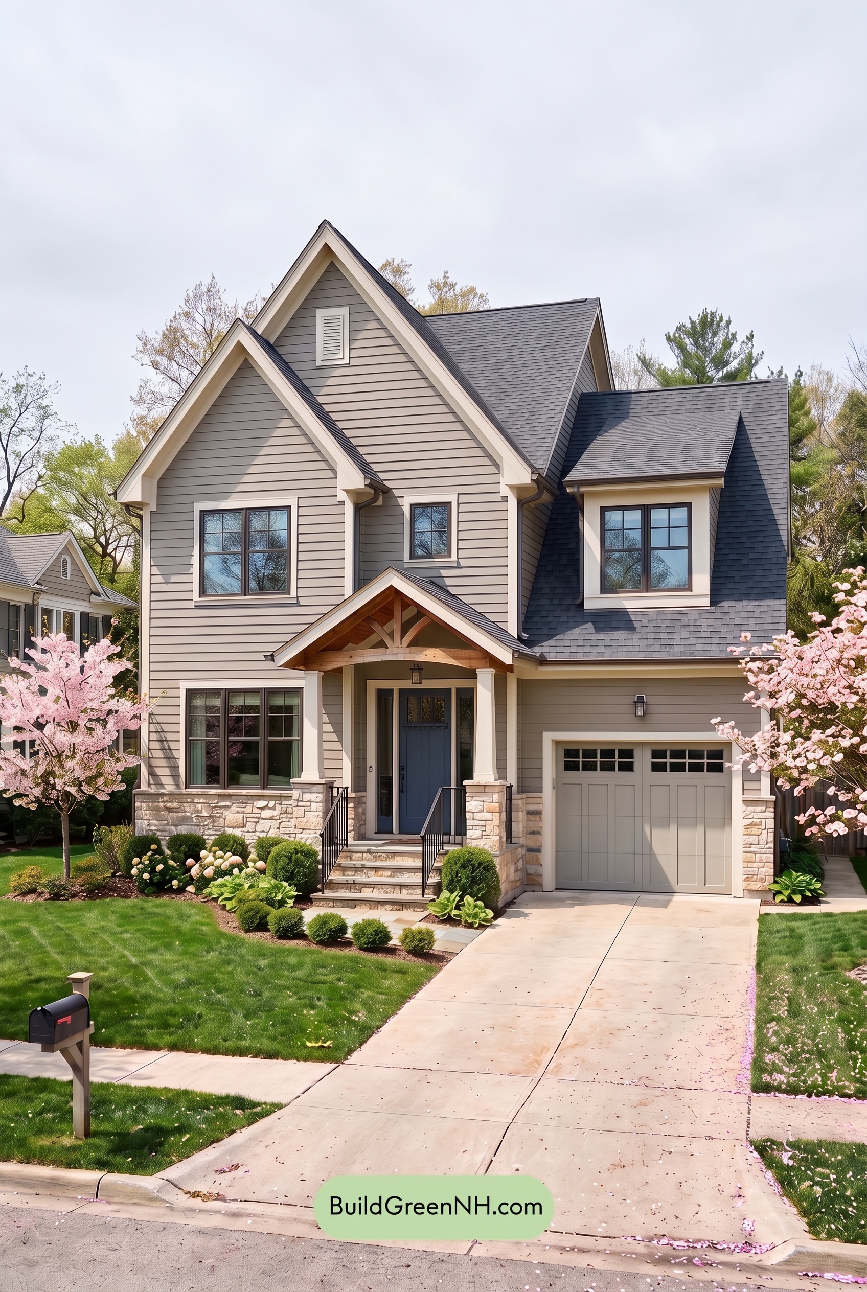 Exterior Color Scheme with Stone Accents: Quiet Greige Welcome - Overcast