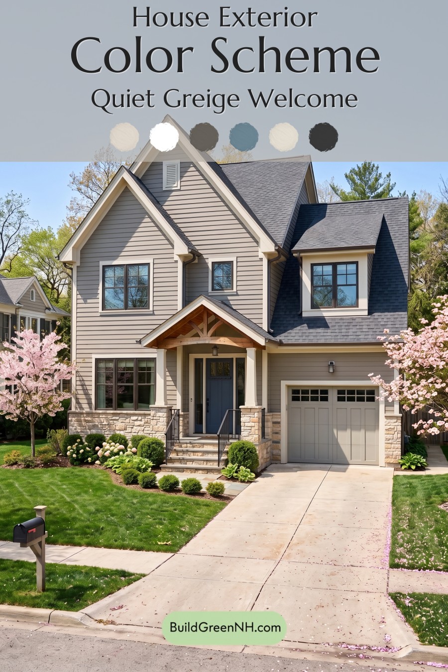 Exterior Color Scheme with Stone Accents: Quiet Greige Welcome