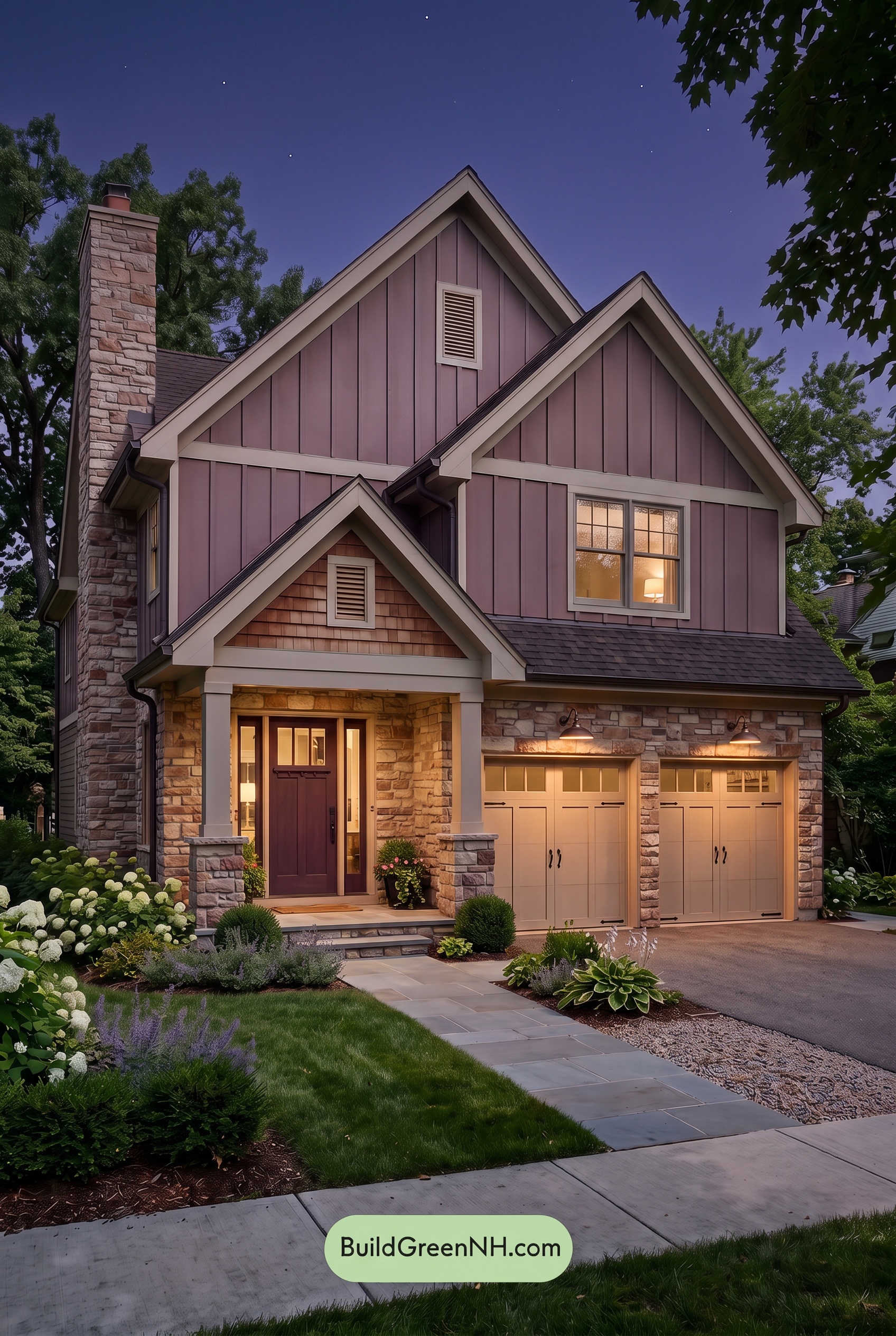 Exterior Color Scheme with Stone Accents: Sienna Stone Grace - Nighttime