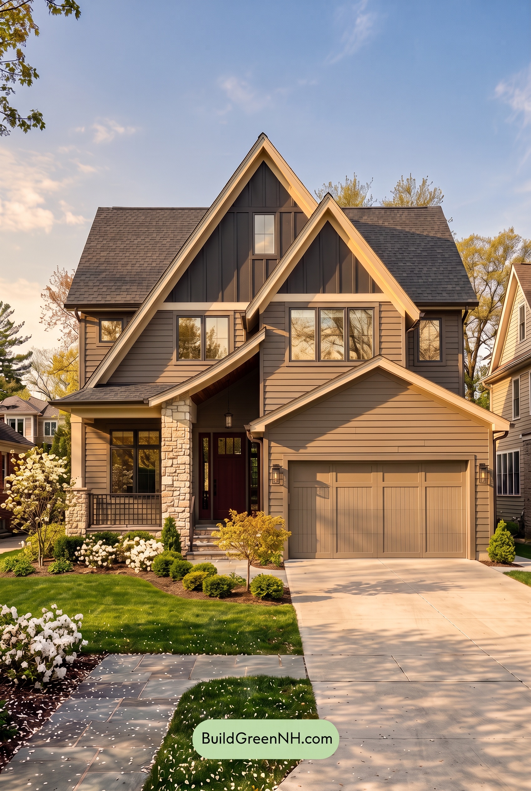 Exterior Color Scheme with Stone Accents: Smoked Linen Poise - Golden Hour