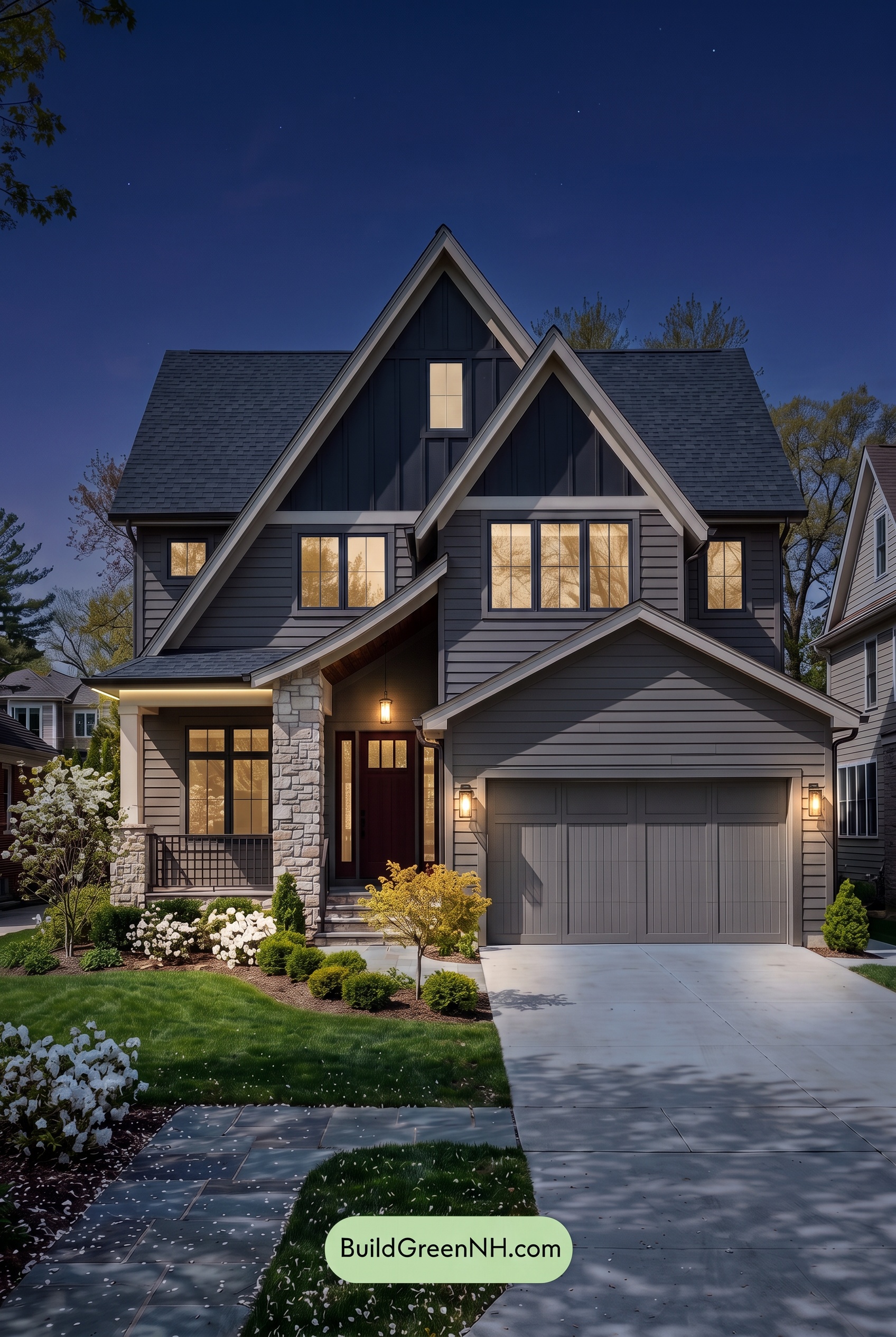 Exterior Color Scheme with Stone Accents: Smoked Linen Poise - Nighttime