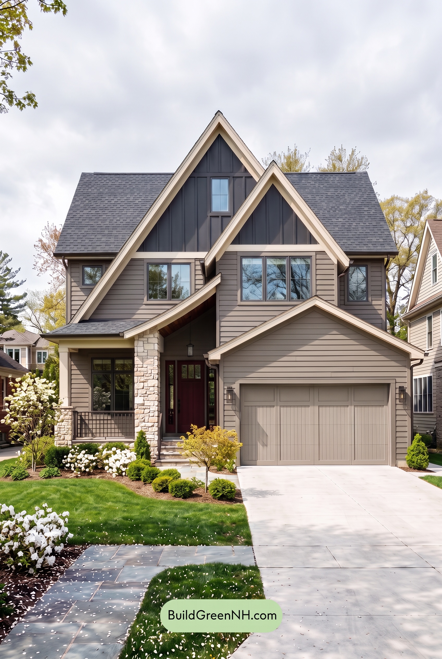 Exterior Color Scheme with Stone Accents: Smoked Linen Poise - Overcast