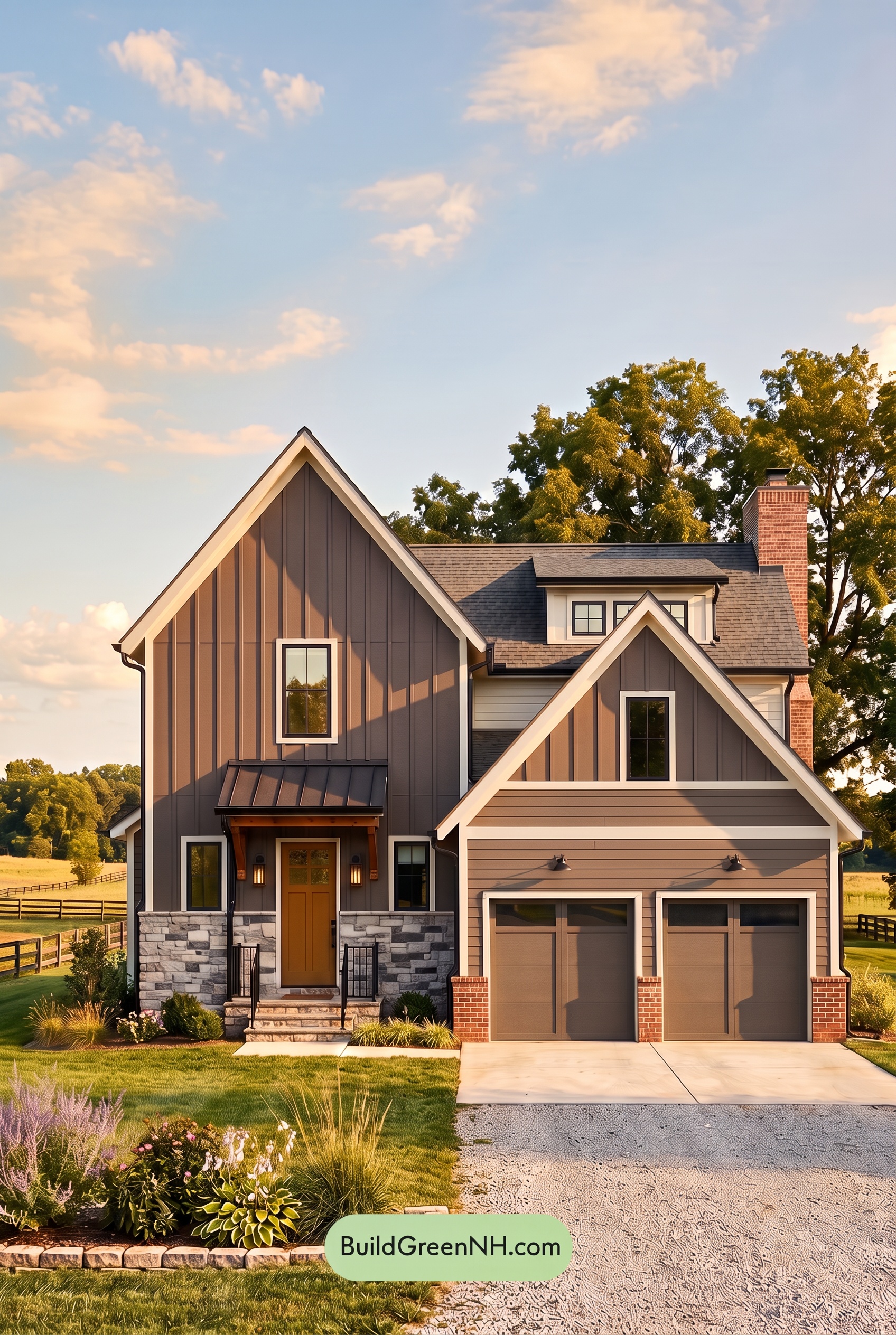 Exterior Color Scheme with Stone Accents: Velvet Iron Haven - Golden Hour