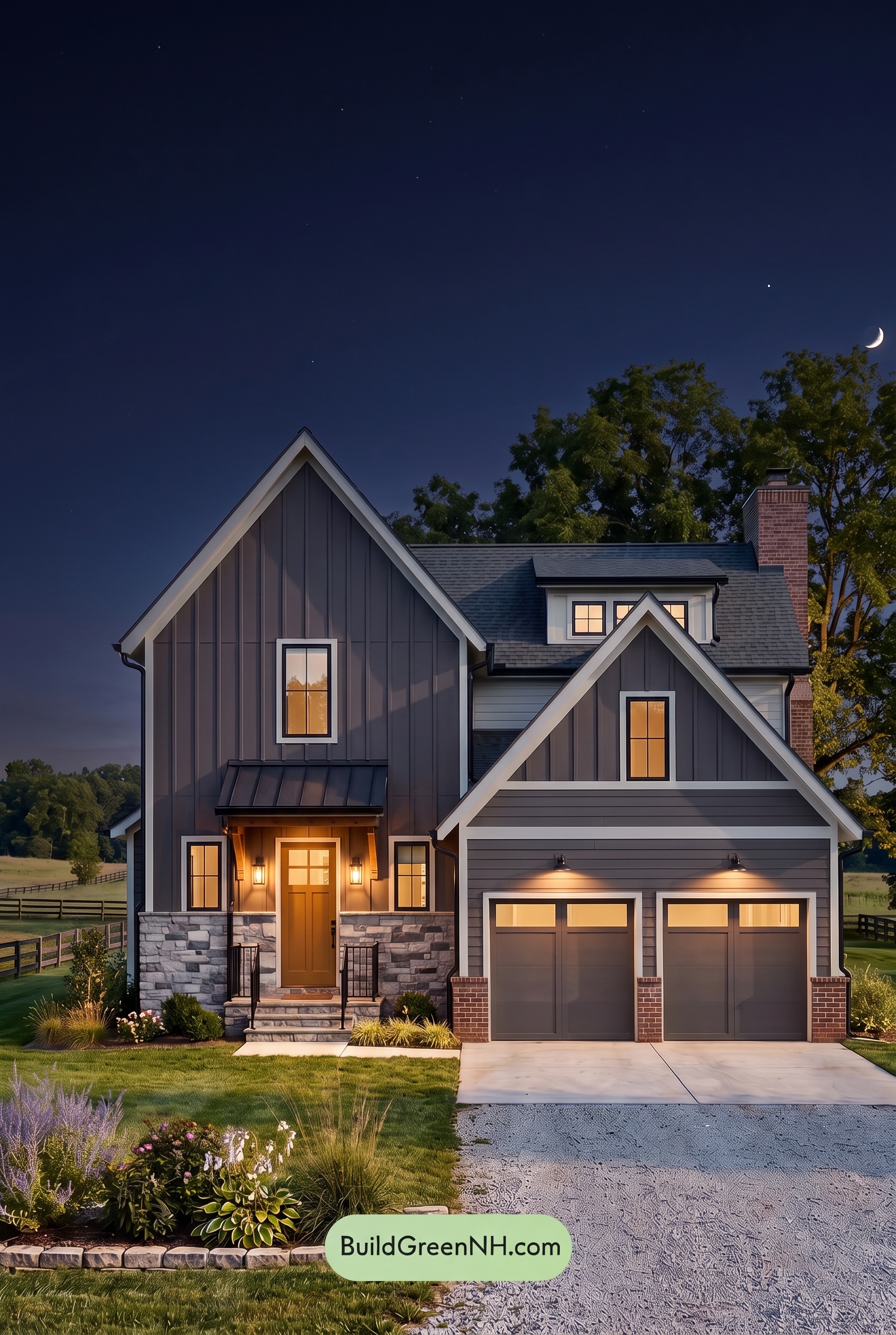Exterior Color Scheme with Stone Accents: Velvet Iron Haven - Nighttime