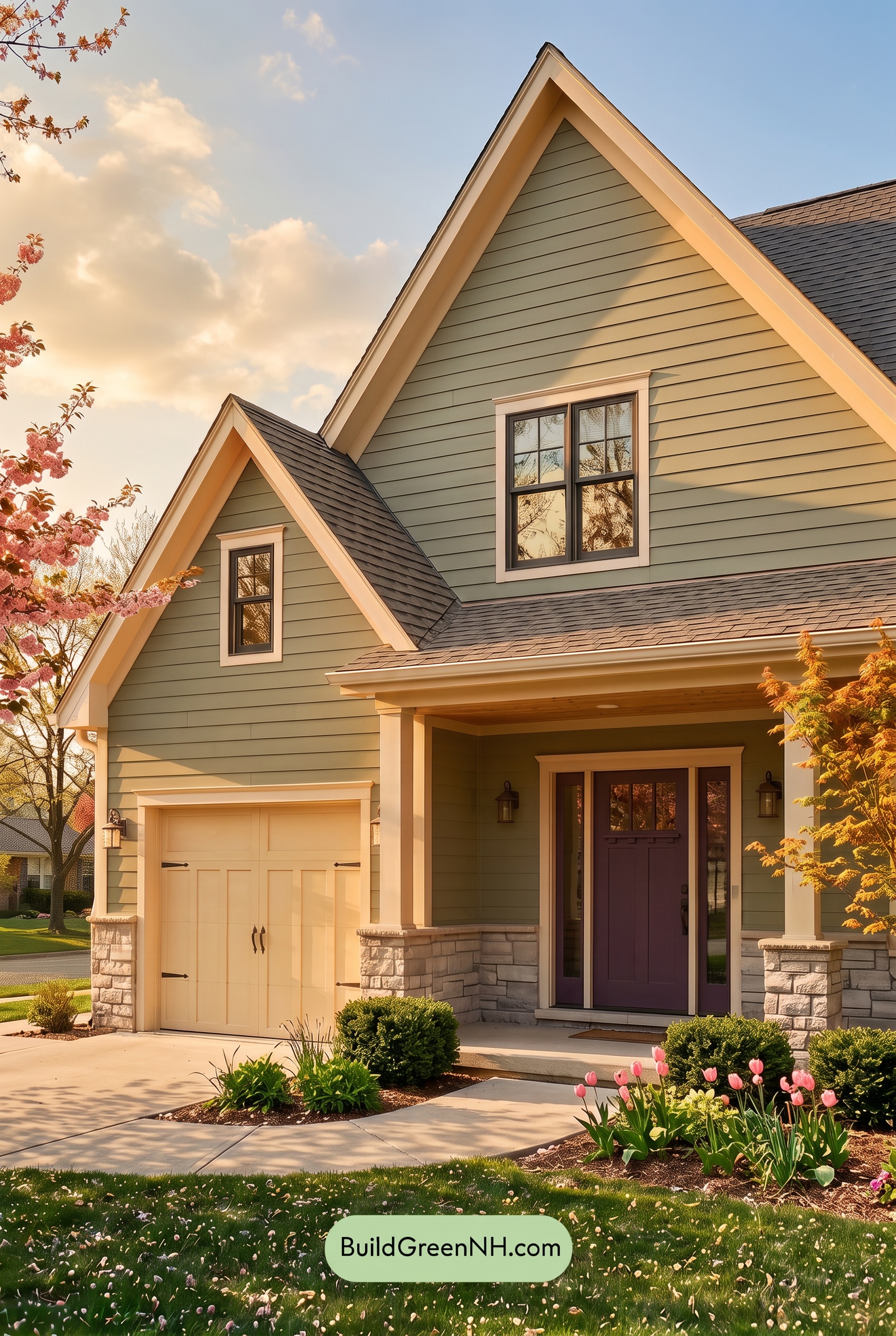 Exterior Color Scheme with Stone Accents: Willow Quartz Porch - Golden Hour