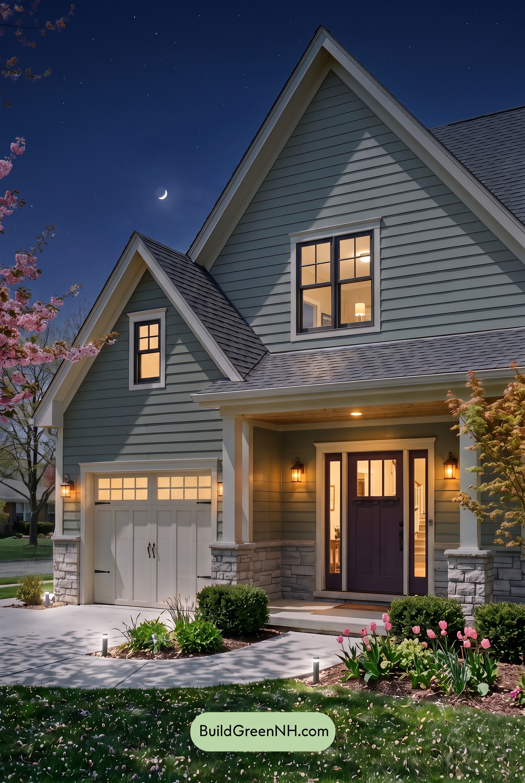 Exterior Color Scheme with Stone Accents: Willow Quartz Porch - Nighttime