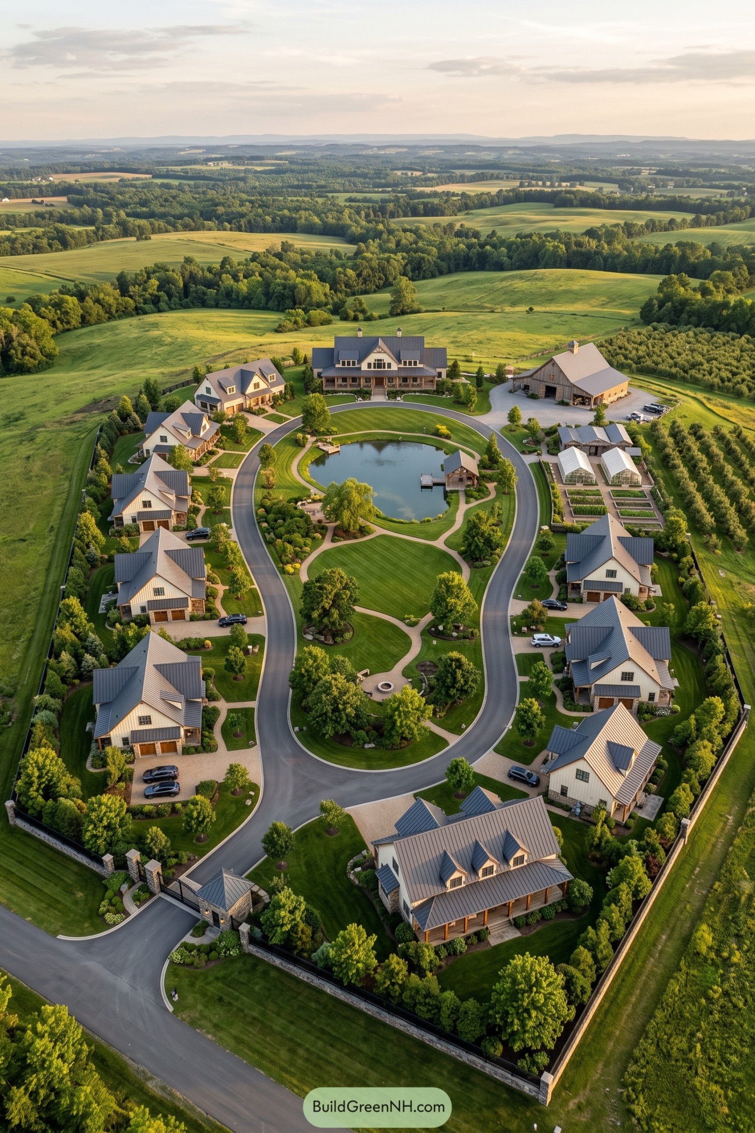 Aerial view of a rural family compound around a pond