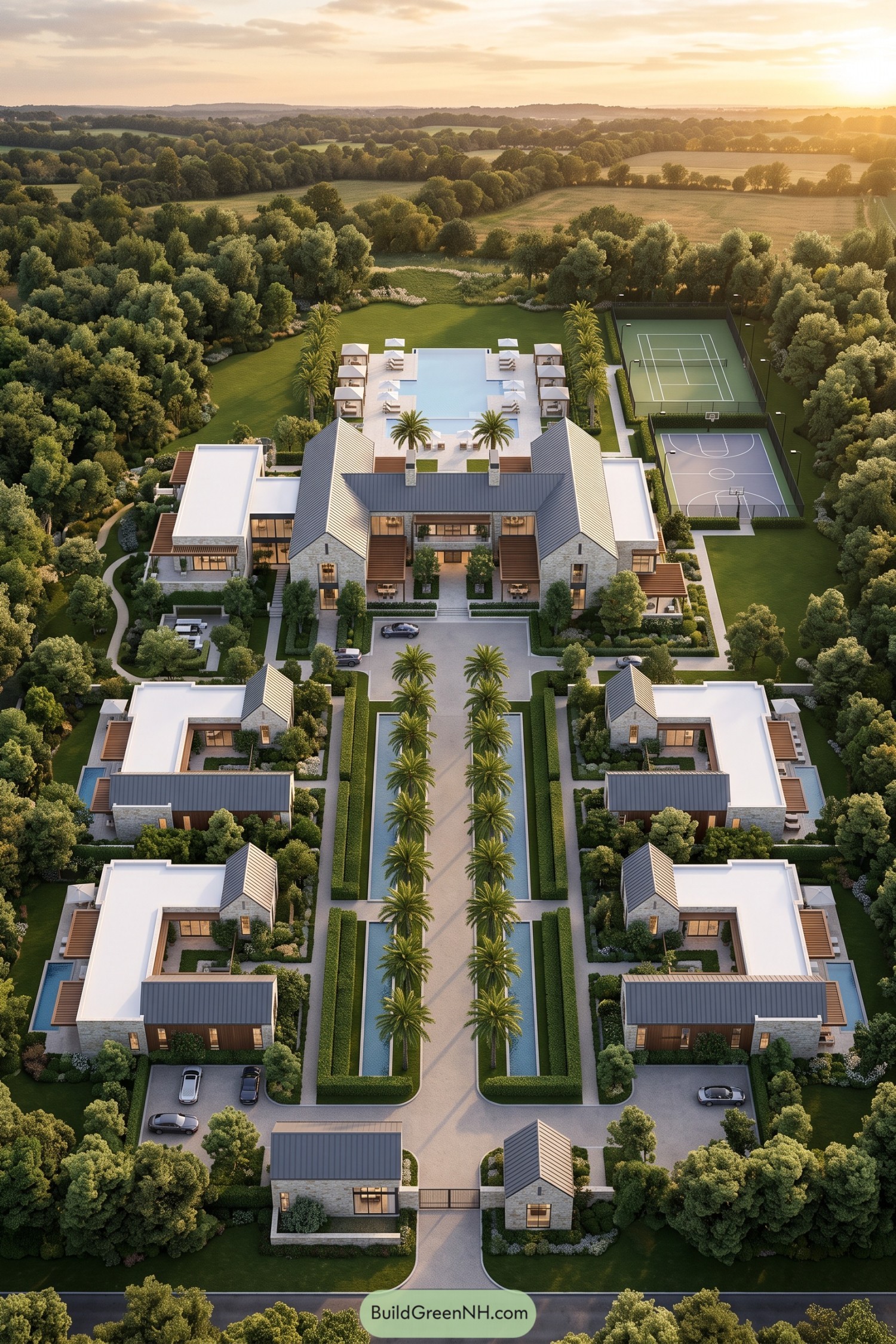 Aerial view of a gated family compound with villas pool and sports courts