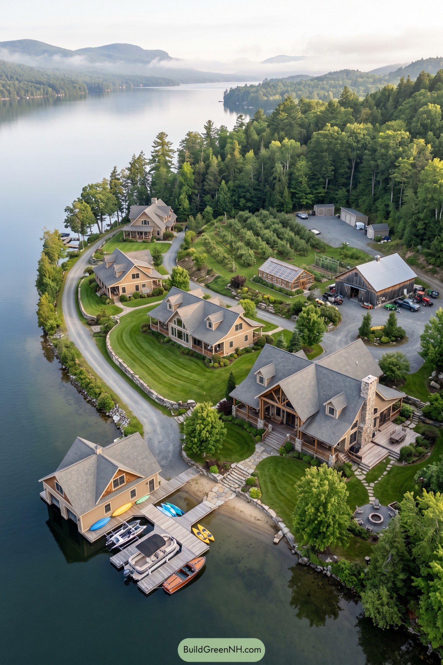 Aerial view of lakeside family homes with docks and gardens