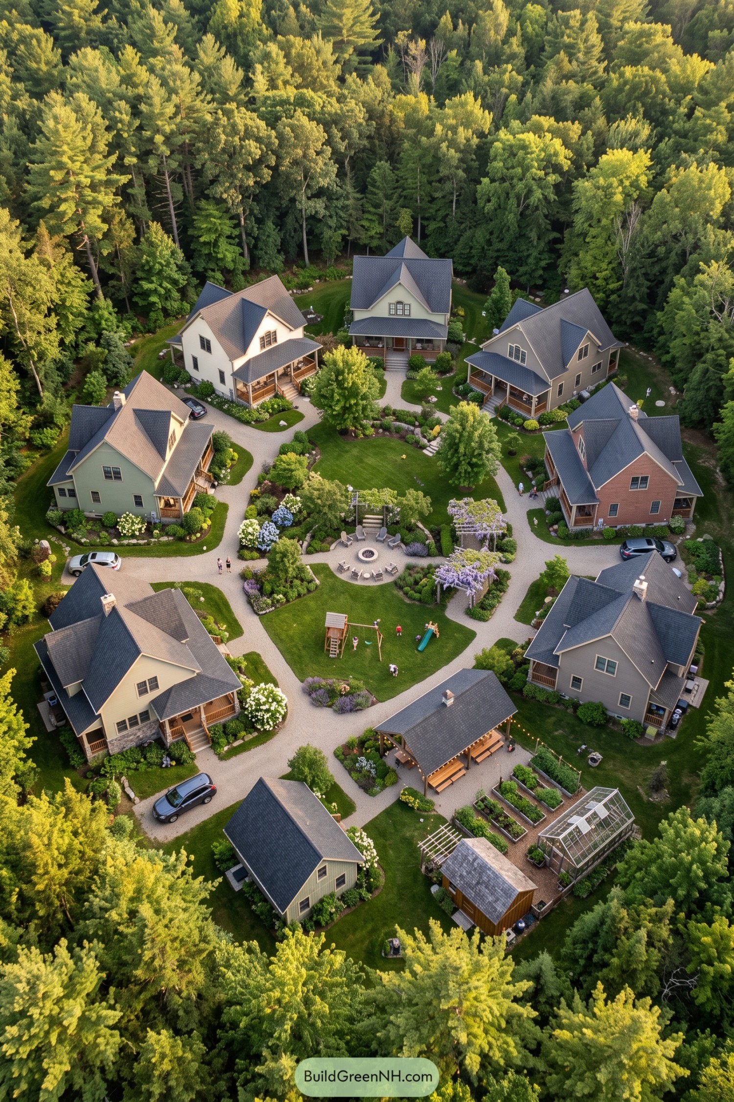 A wooded family compound of cottages around shared gardens