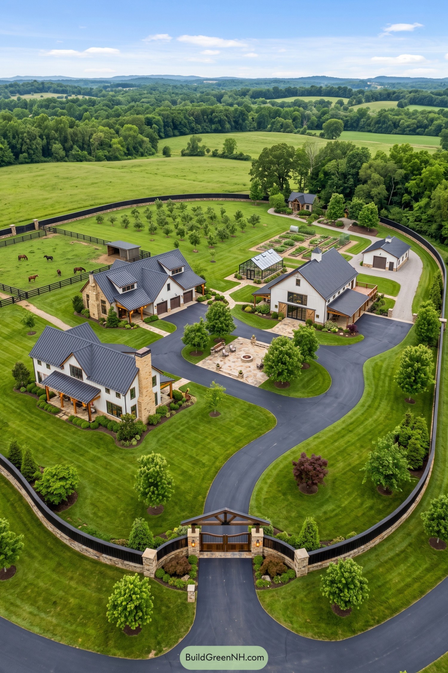 Aerial view of a gated farmhouse compound with homes gardens and horse paddock