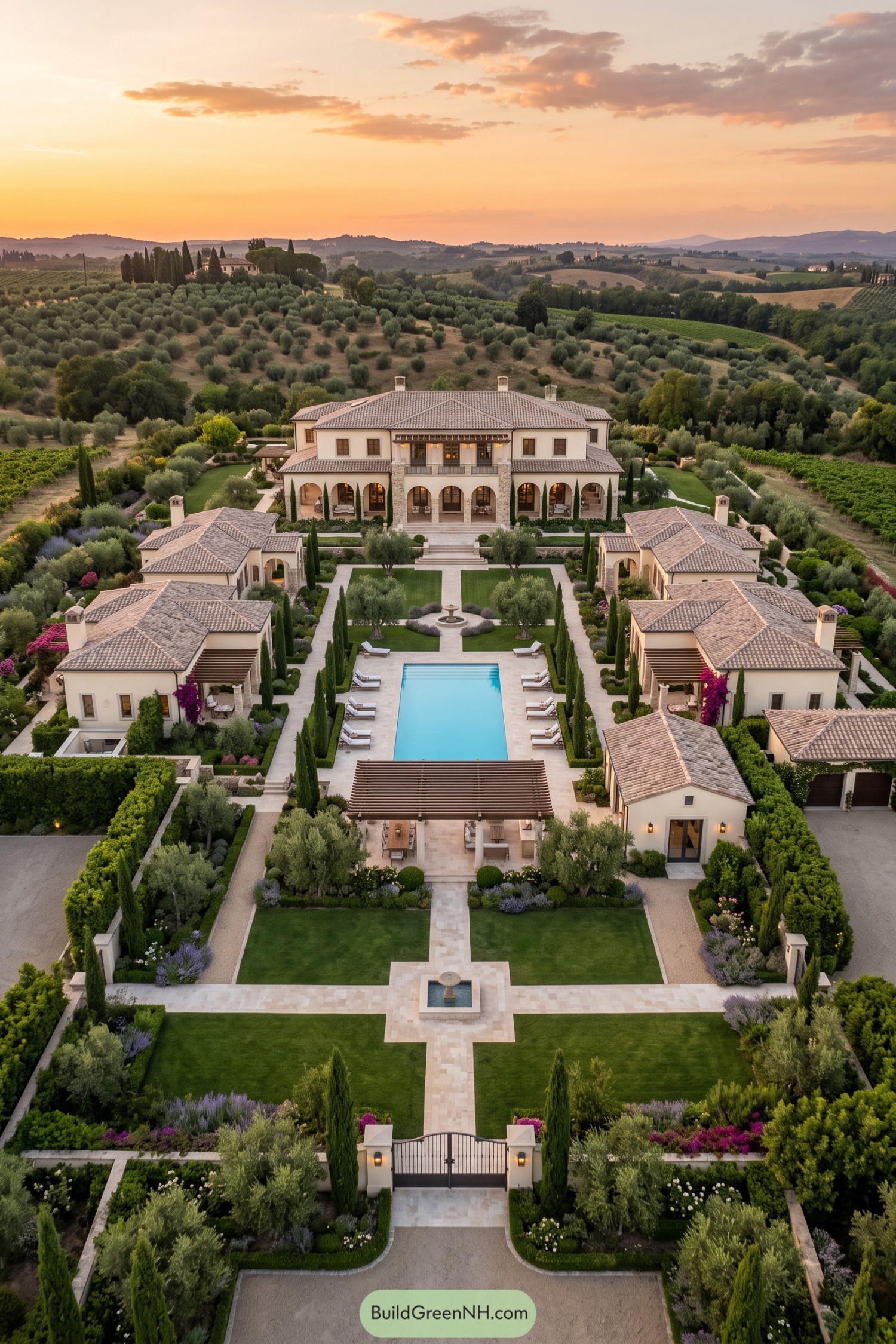 Aerial view of a Tuscan villa compound with pool and gardens