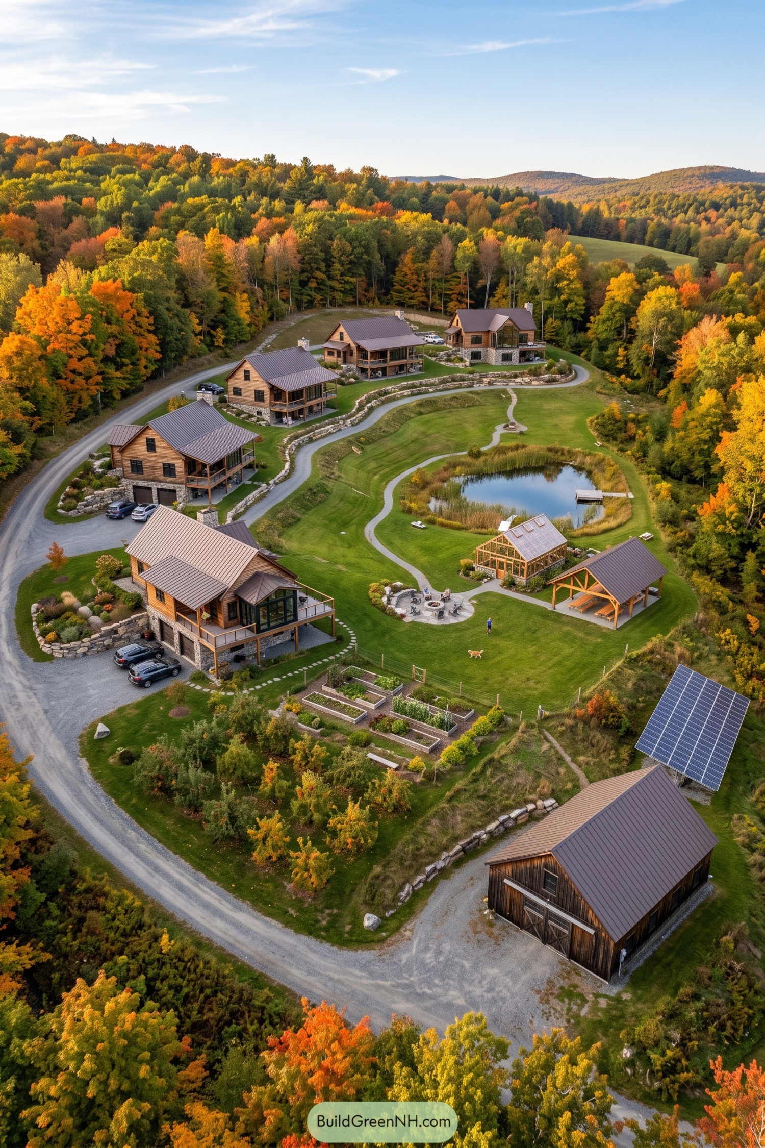 Wooded family compound with cabins pond greenhouse and barn