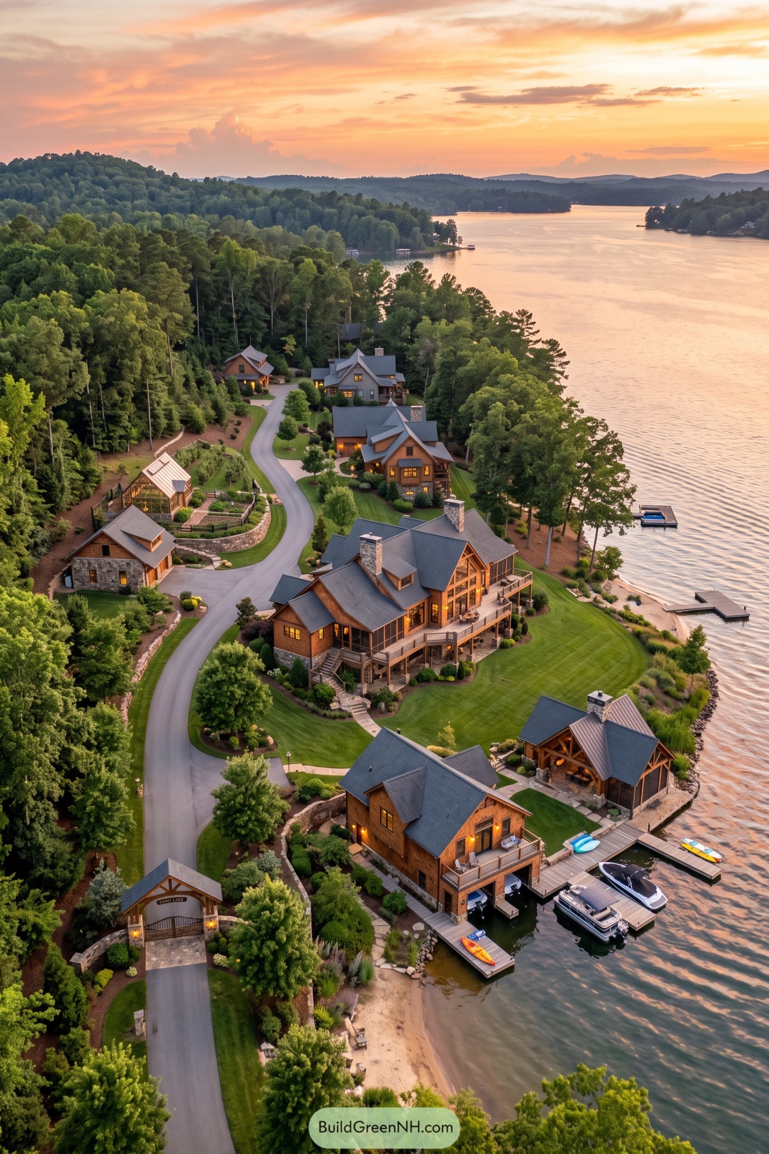 Lakeside timber family compound with private docks