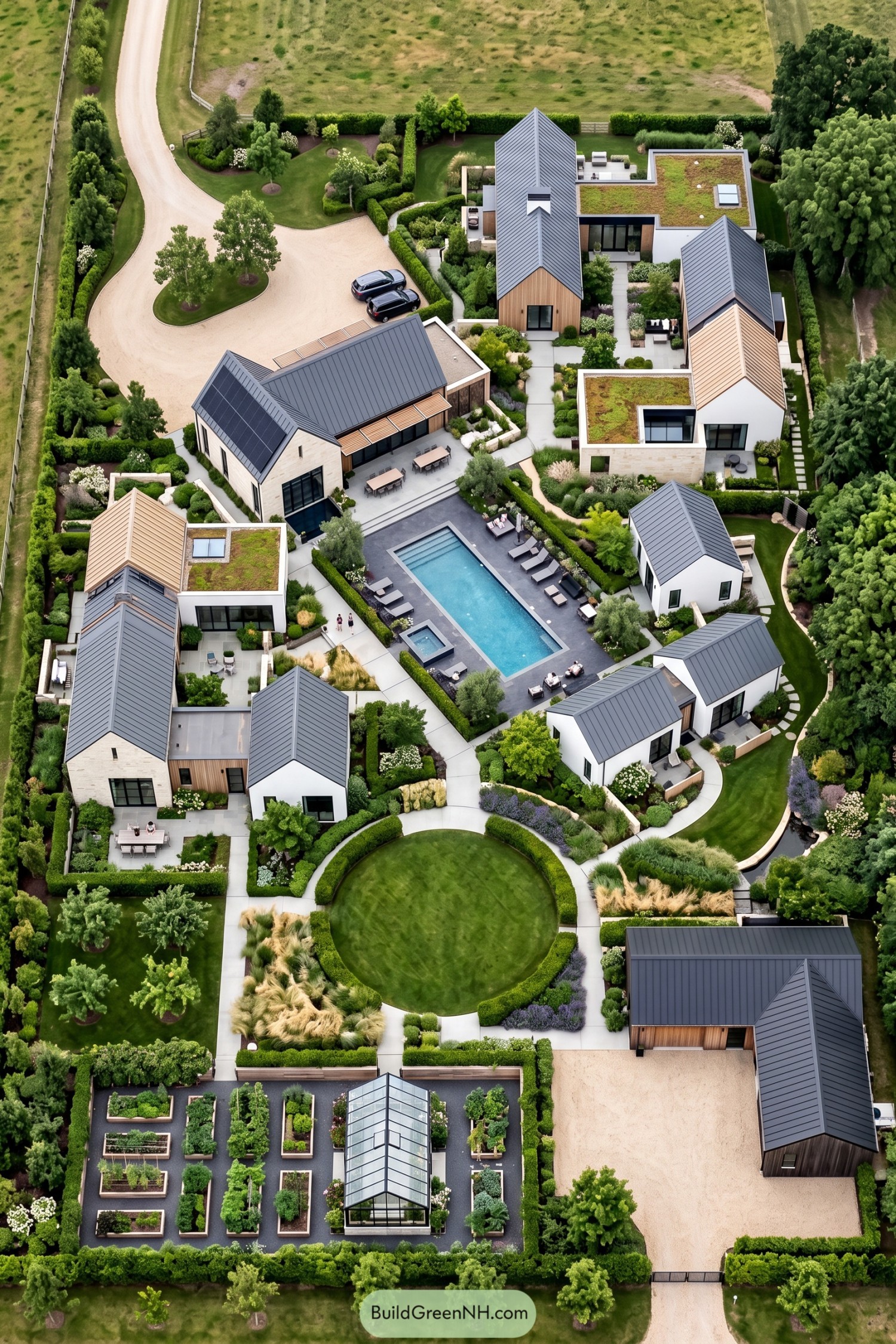 Aerial view of modern cottages around pool gardens