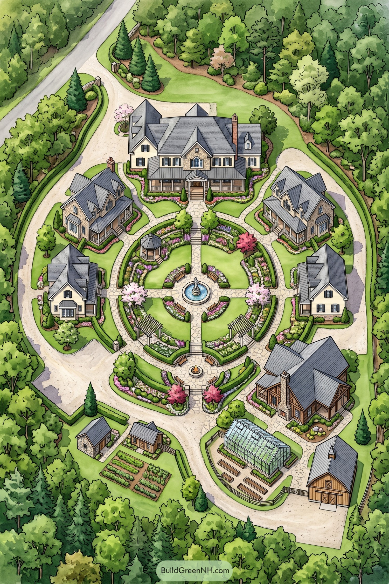 Illustrated family estate with cottages gardens and greenhouse around a fountain court